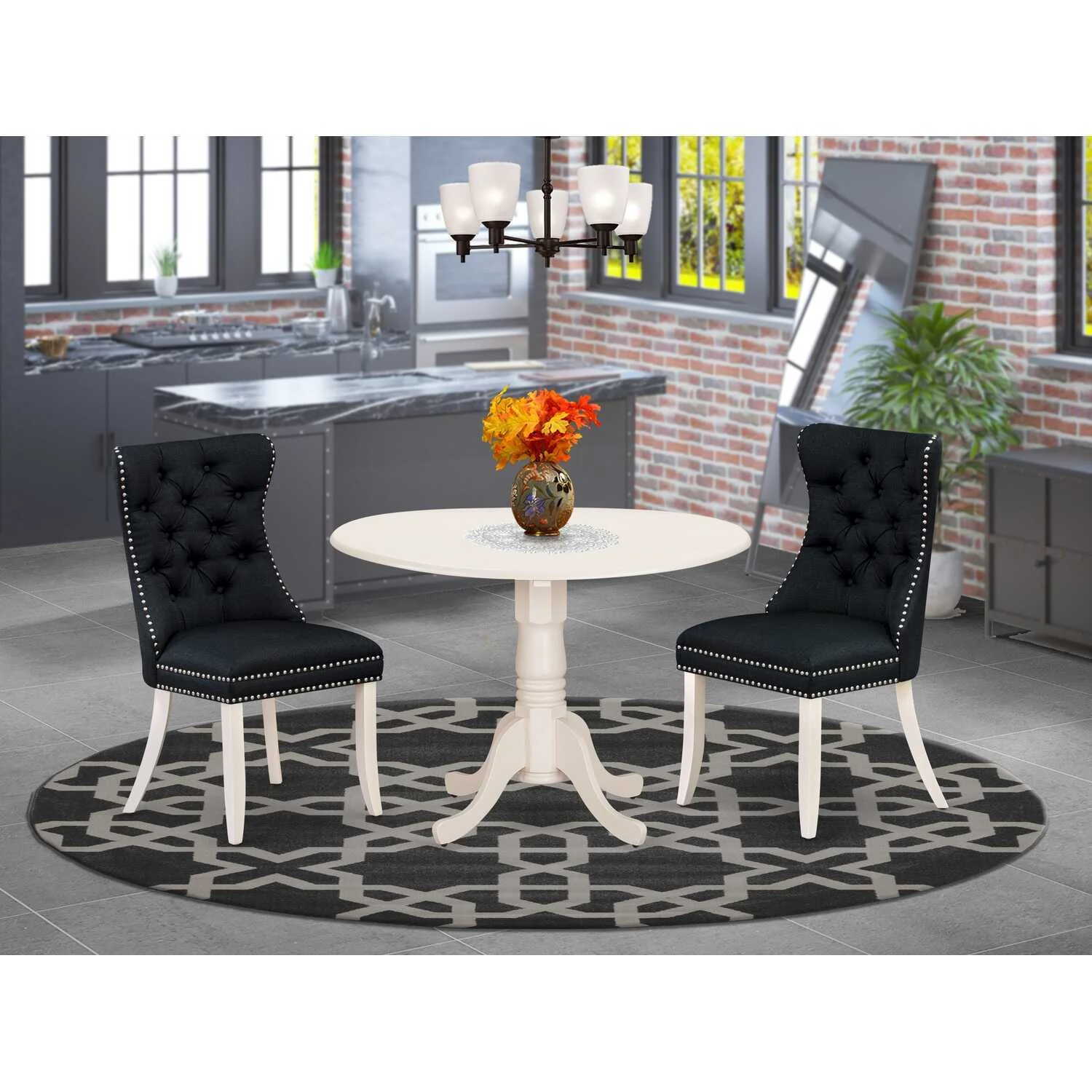 HomeStock Medieval Majesty 3 Piece Kitchen Table Set Includes A Round Dining Table With Dropleaf And 2 Upholstered Chairs, Linen White