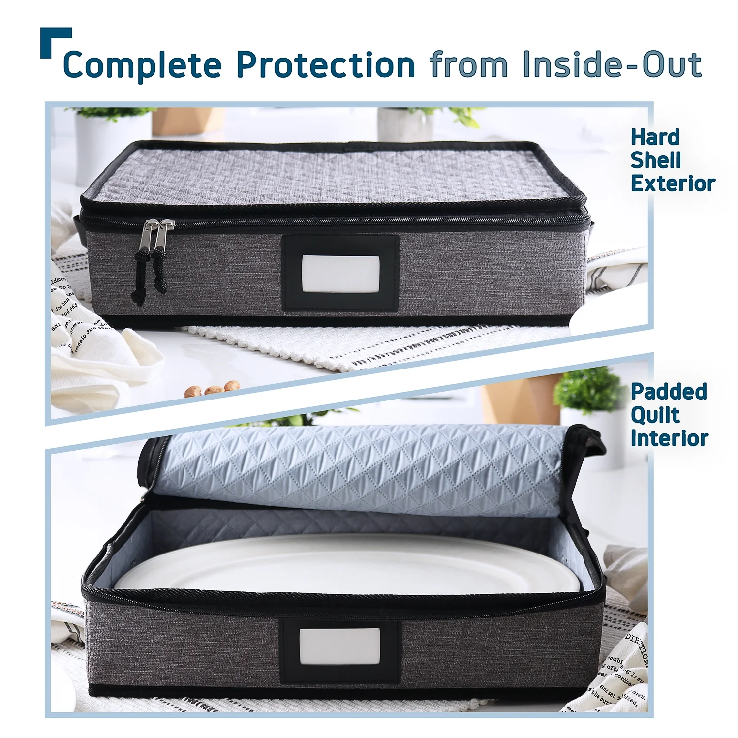 Hearth & Harbor Dinnerware Storage Container for Platter Sets, Securely Padded Gray Platter Storage