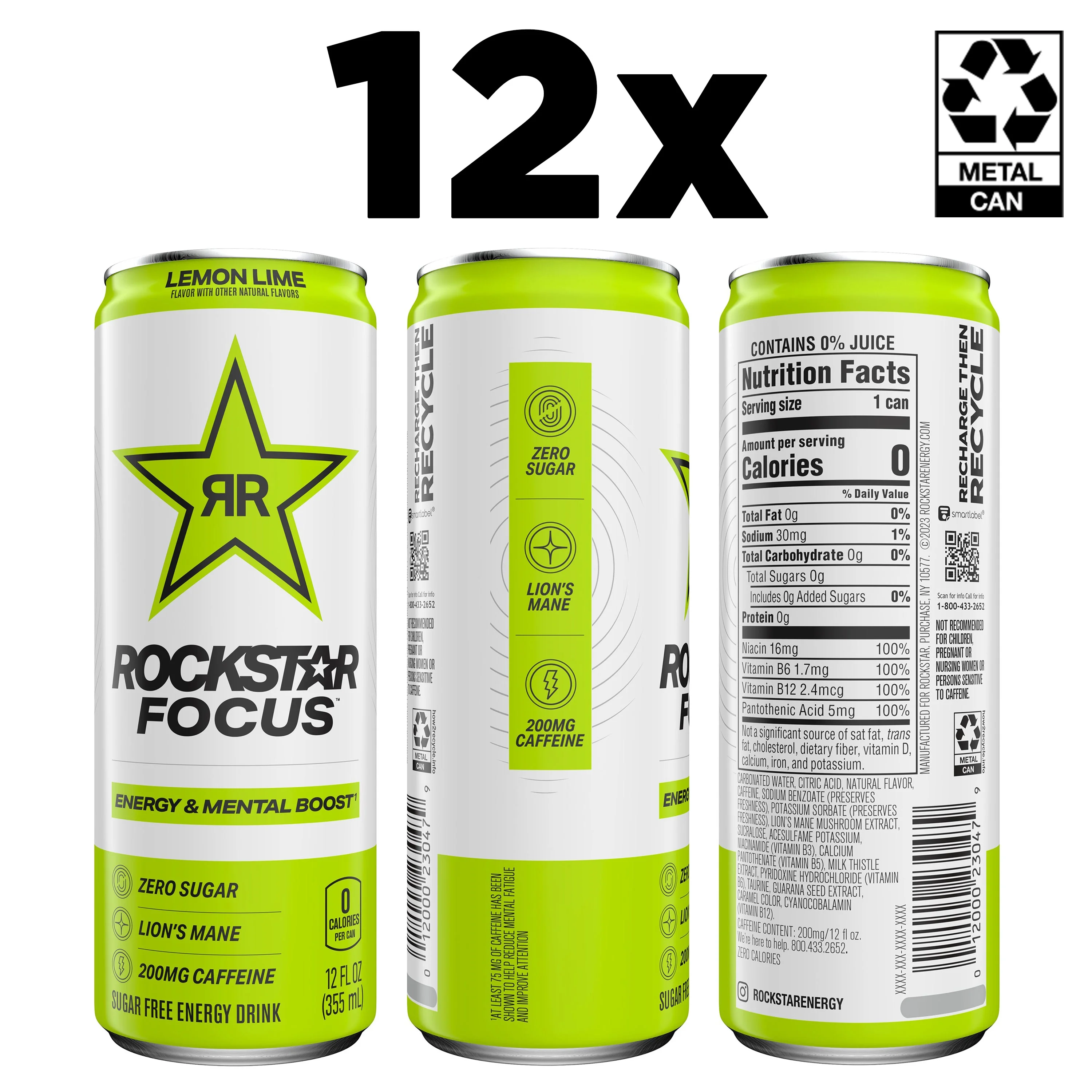 Rockstar Focus Zero Sugar Energy Drink, Lemon Lime Flavor, Lion’s Mane, Energy & Mental Boost, 12 oz 12 Pack Cans