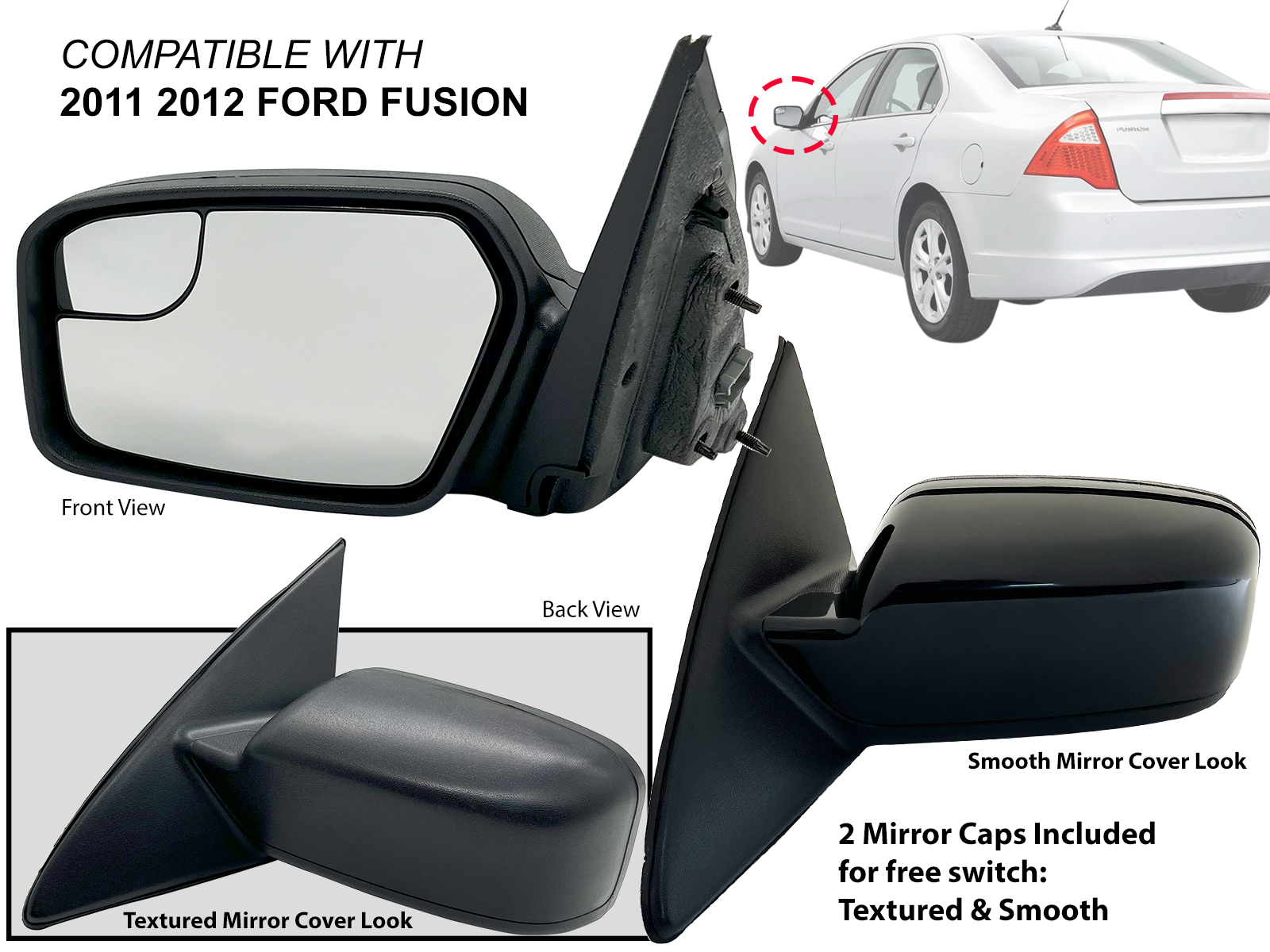 APA Replacement for Exterior Rear View Mirror Assembly 2011 2012 FUSION Non-Heated with Spotter Glass Driver Left Side BE5Z17683AA FO1320419 FO1320420