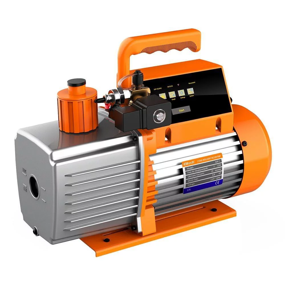 Elitech SVP-7 Vacuum Pump 7 CFM 2 Stage Intelligent HVAC DMG-3 AC Manifold Gauge Set 2 Way Hoses Coupler Adapters