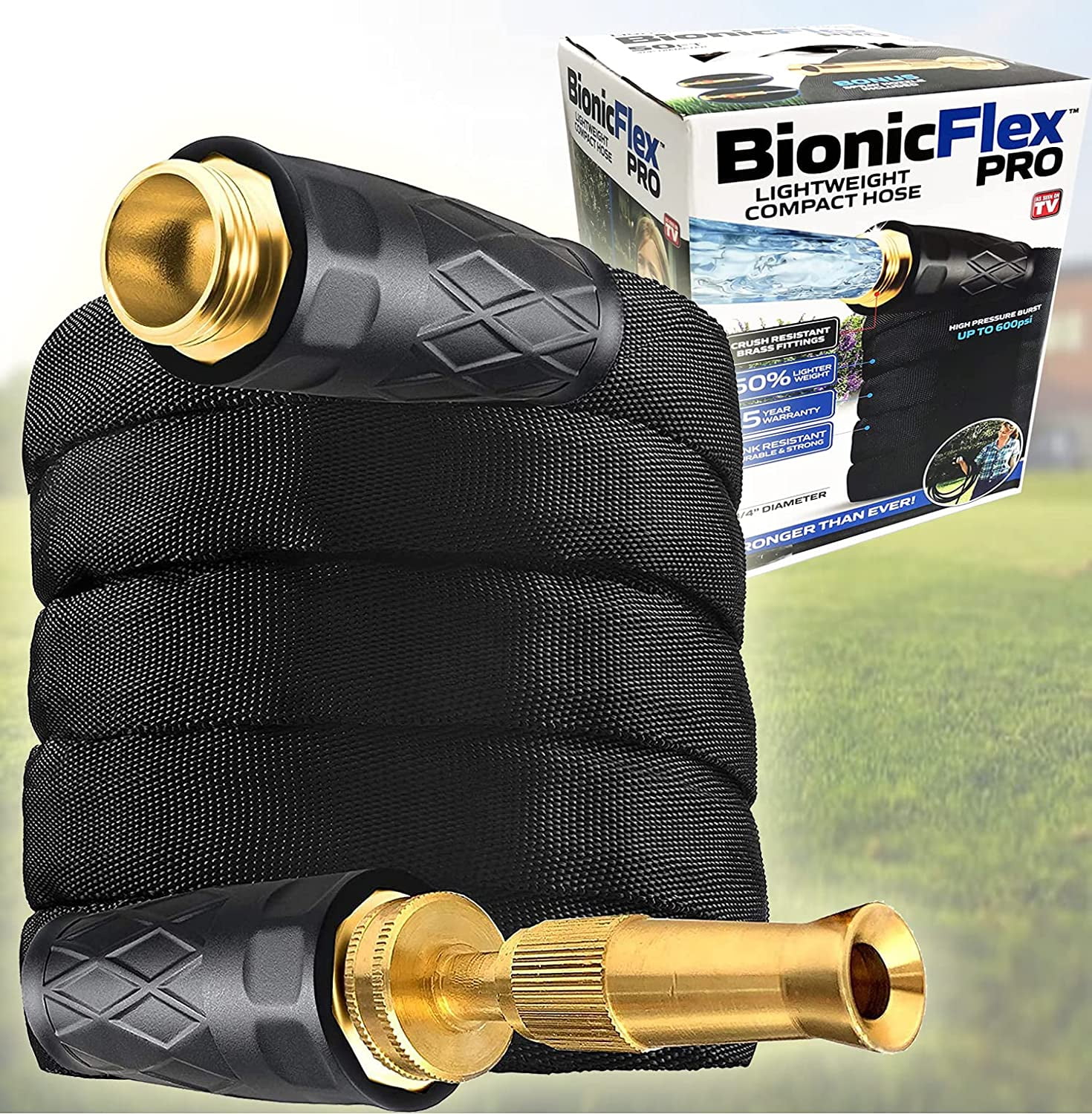 Bionic Flex Pro 25’ Garden Hose Heavy Duty, Lightweight Weatherproof Garden Water Hose, Brass Fittings, Adjustable Brass Spraying and Shooting Nozzle, Kink Free Hose, 500 PSI Tear Resistant- 25ft.