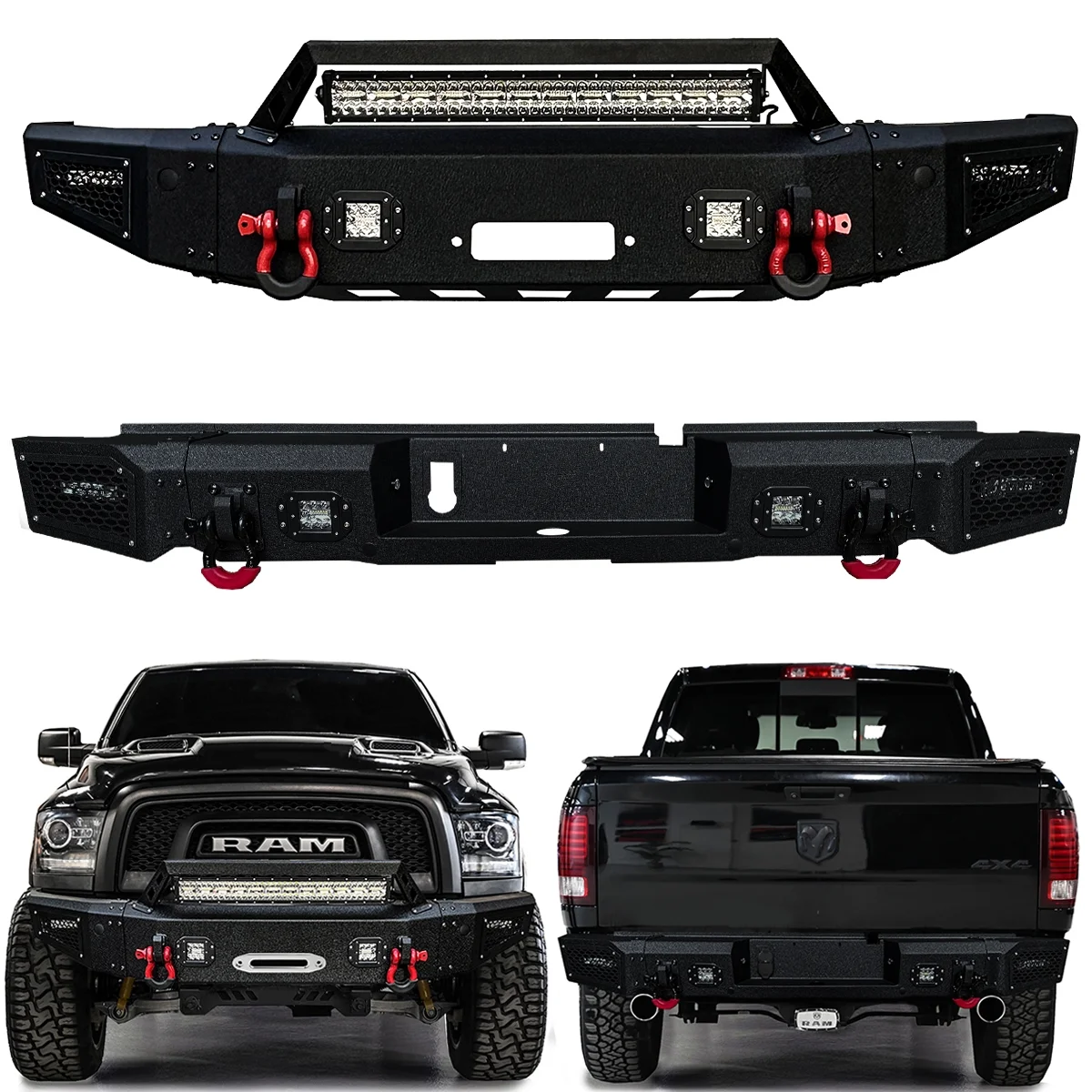 Vijay Front and Rear Bumper for 2015-2016-2017-2018 Dodge Ram 1500 Rebel with LED Lights and D-Rings