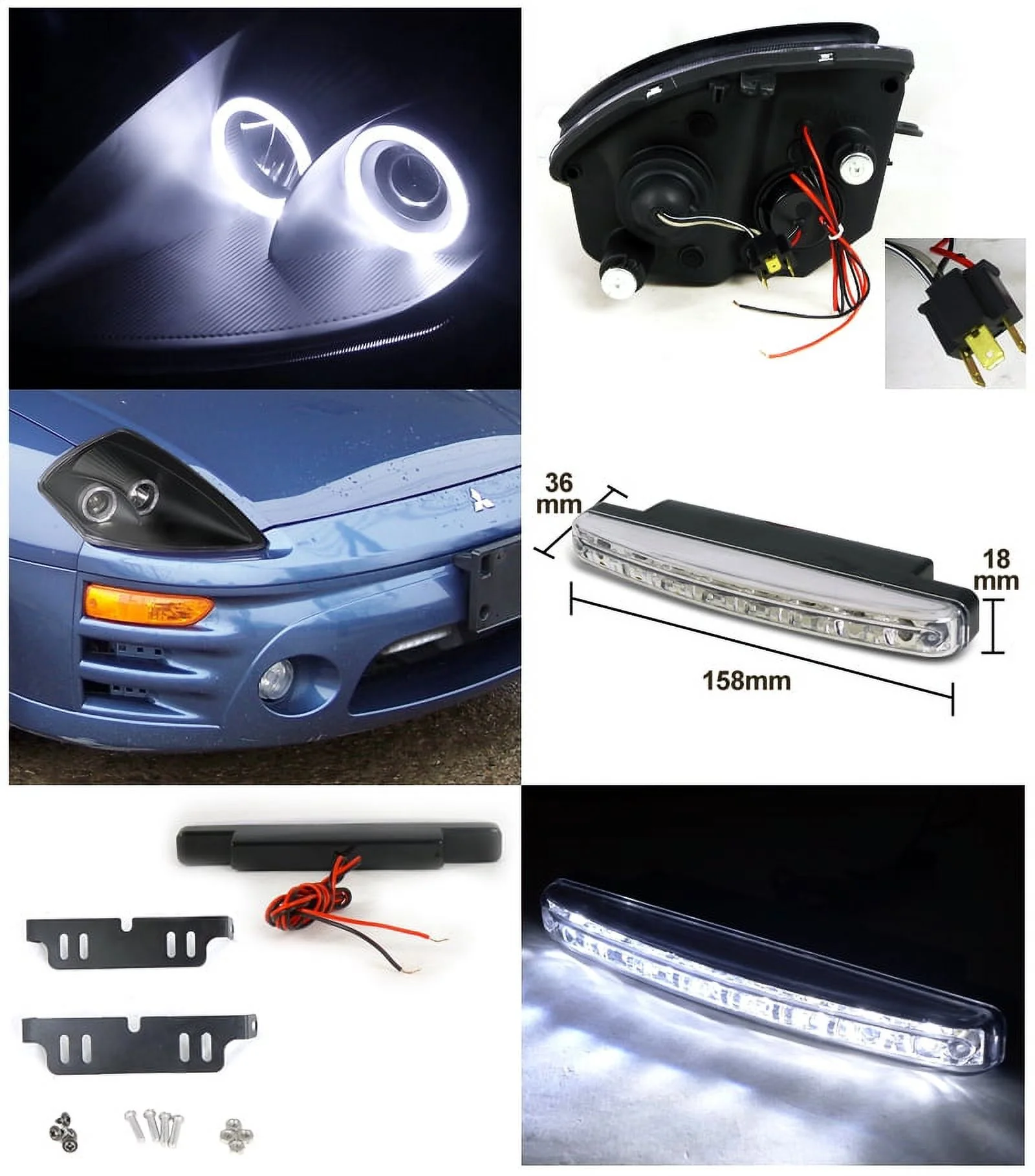 Spec-D Tuning Black Dual Halo Projector Headlights + 8-LED Fog Lamps Compatible with 2000-2005 Mitsubishi Eclipse Left + Right Pair Headlamps Assembly