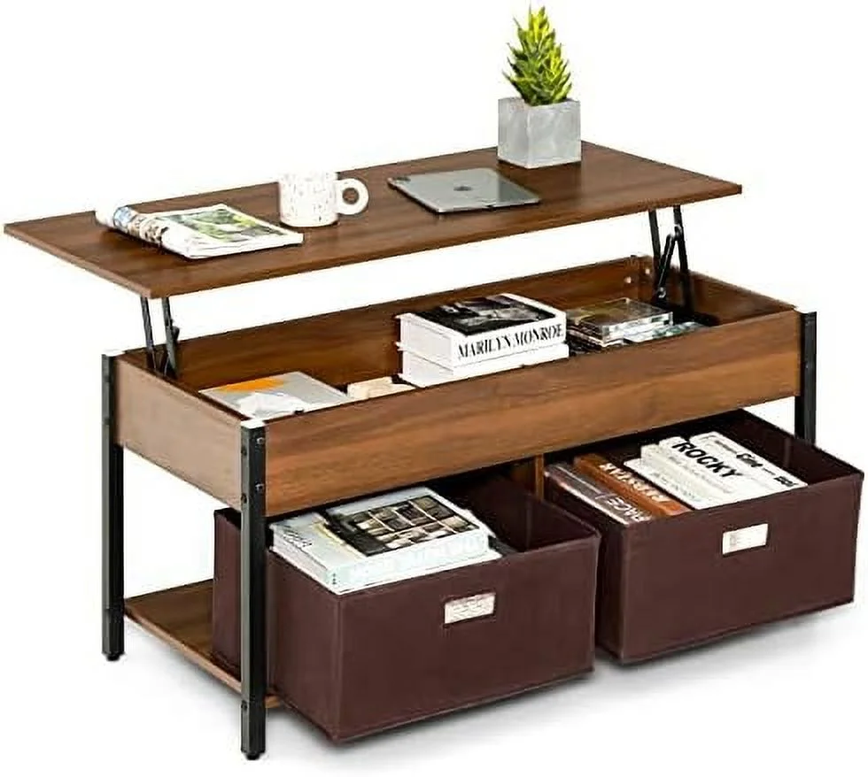 TJCGDTY Lift Top Coffee Table with Drawers  Multifunctional Pop-up Central Table with Lifting Tabletop  Concealed Compartment & 2 Folding Fabric Drawers  Home Living Room  (Rustic Bro