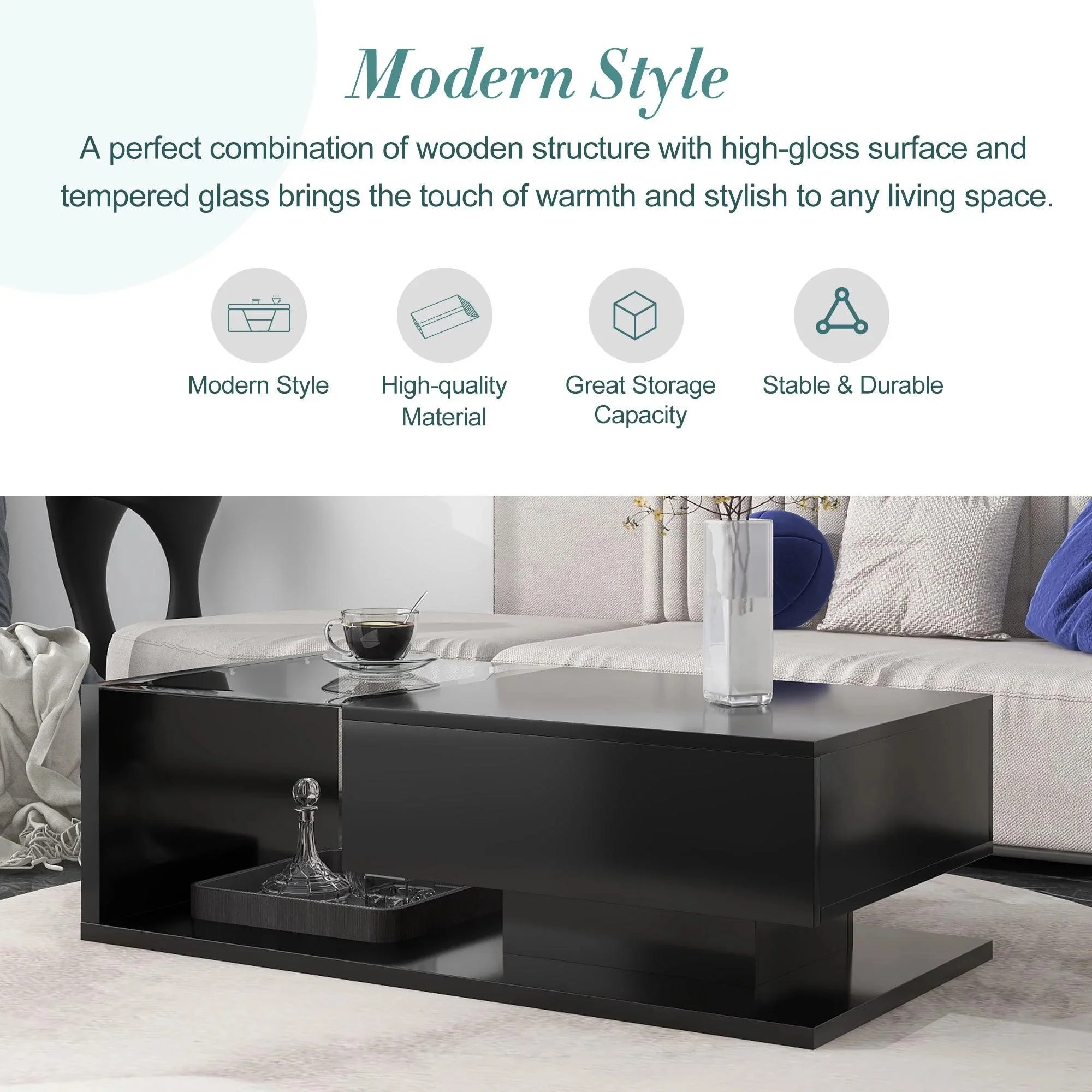 Supfirm Modern Coffee Table with Tempered Glass, Wooden Cocktail Table with High-gloss UV Surface, Modernist 2-Tier Rectangle Center Table for Living Room, Black