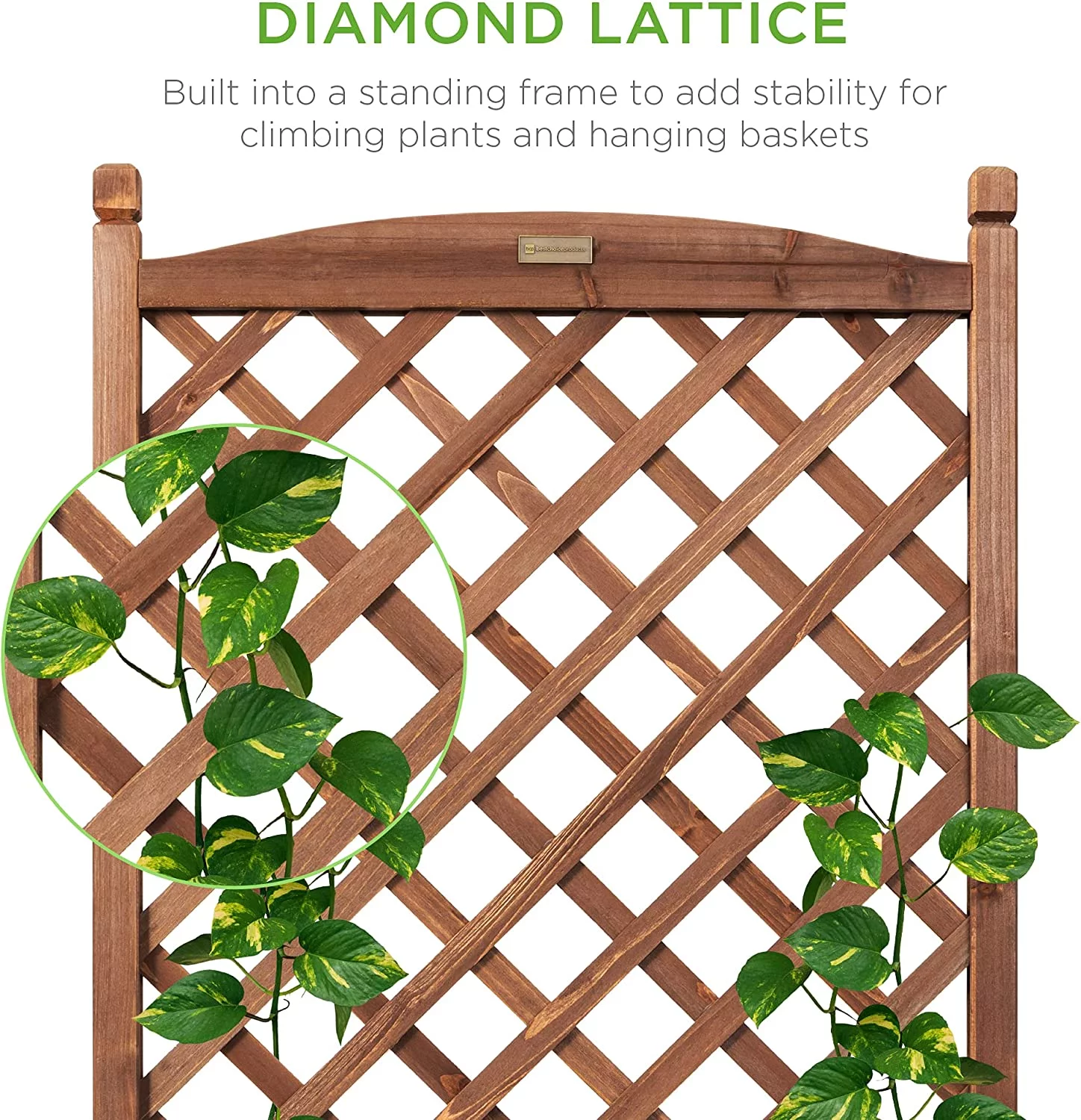48in Wood Planter Box & Diamond Lattice Trellis, Mobile Outdoor Raised Garden Bed for Climbing Plants w/Drainage Holes, Optional Wheels - Walnut