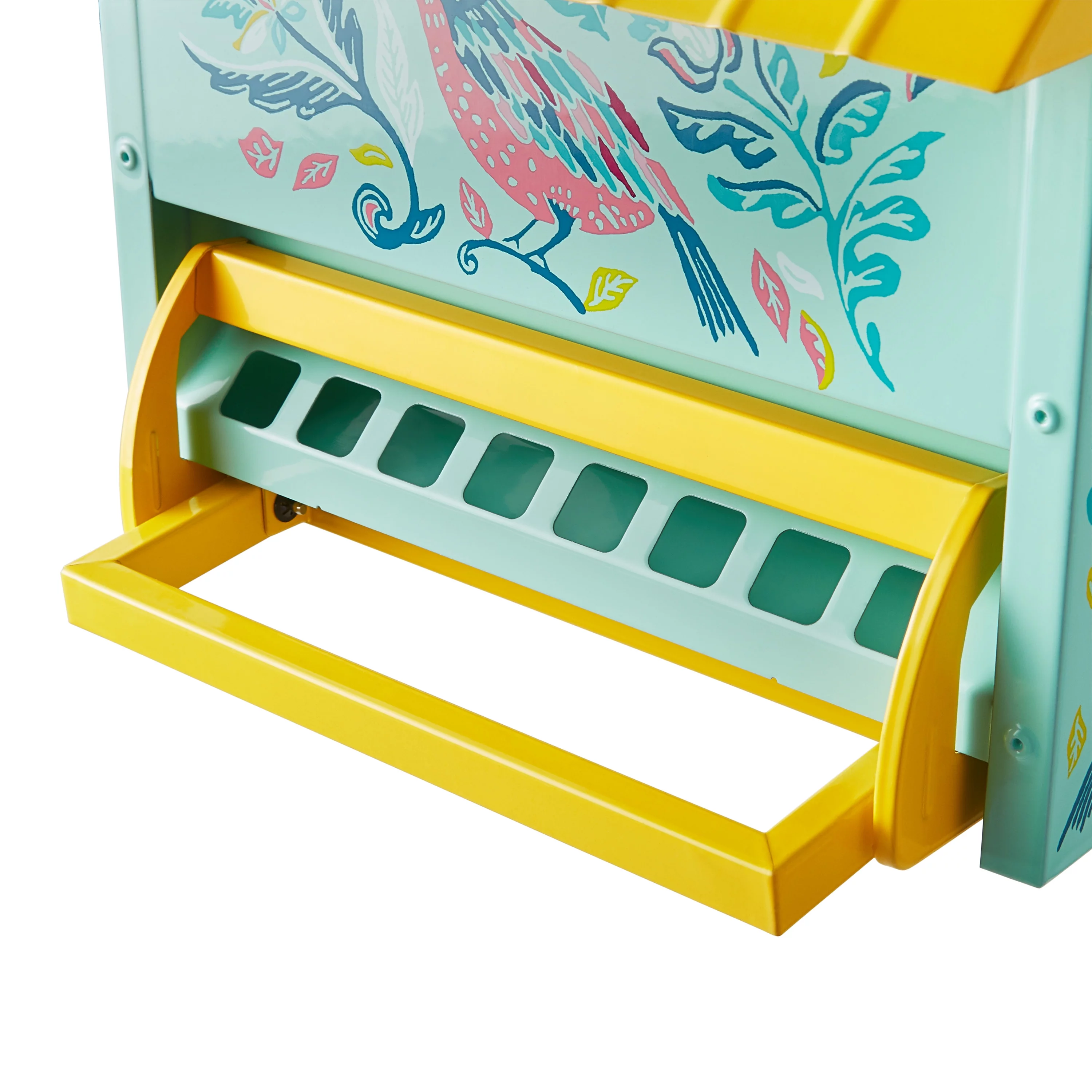 The Pioneer Woman Bird Ogee Metal Squirrel Proof Hopper Bird Feeder 5.5QT , Teal Yellow