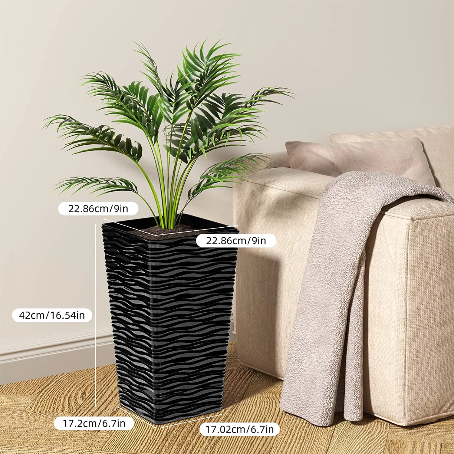 QCQHDU 2 Pack Tall Planters,16.5 Inch Square Tapered Flower Pots Outdoor Indoor Tree Planter, Modern Wavy Finish Decorative Planters for Front Porch Home Garden Patio (Black)