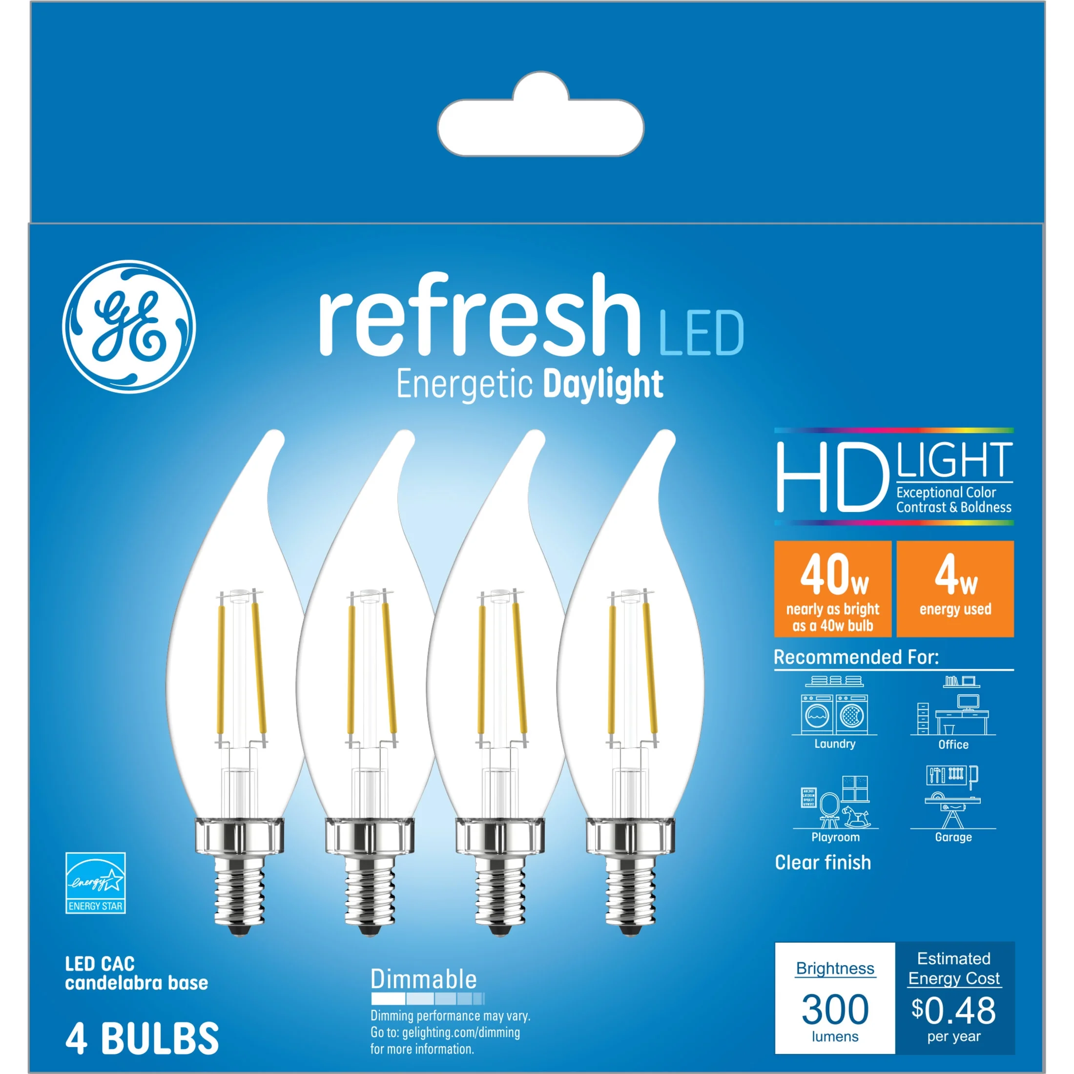 GE Refresh HD LED Light Bulbs, 40 watts, Daylight, CA11 Candle Bulbs, Clear Finish, 4pk