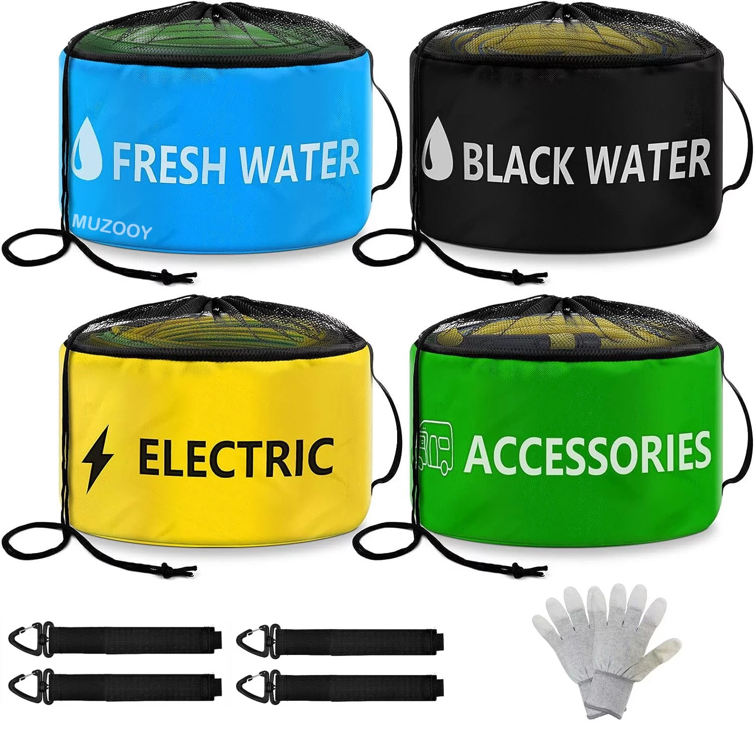 MUZOOY 4 Pack RV Hose Bag, RV Sewer Hose Storage, for Fresh/Black Water Hoses and Electrical Cords ET, Sewer Hose Bag, Electrical Hose bag