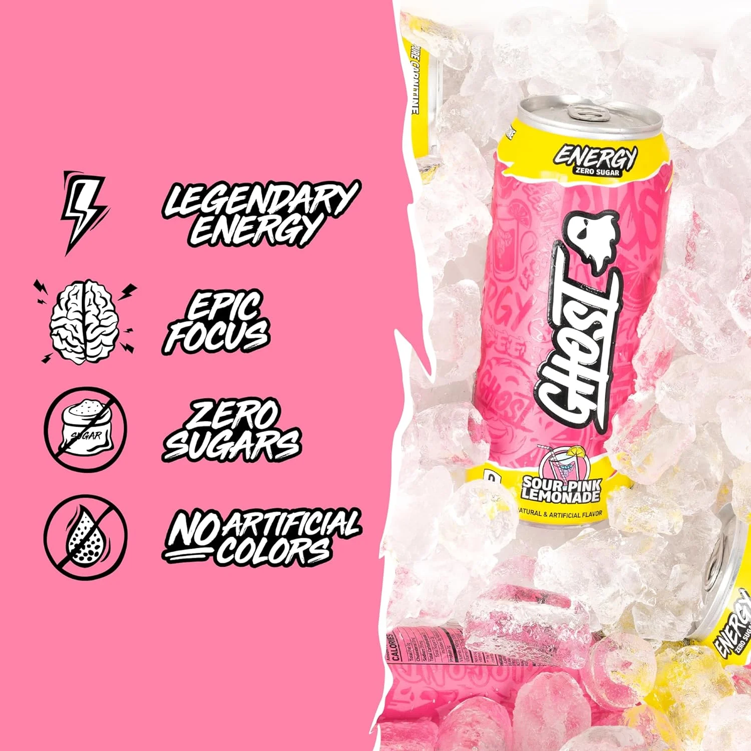 GHOST Zero Sugar Energy Drink, Sour Pink Lemonade, 16 oz Can, 12 Pk