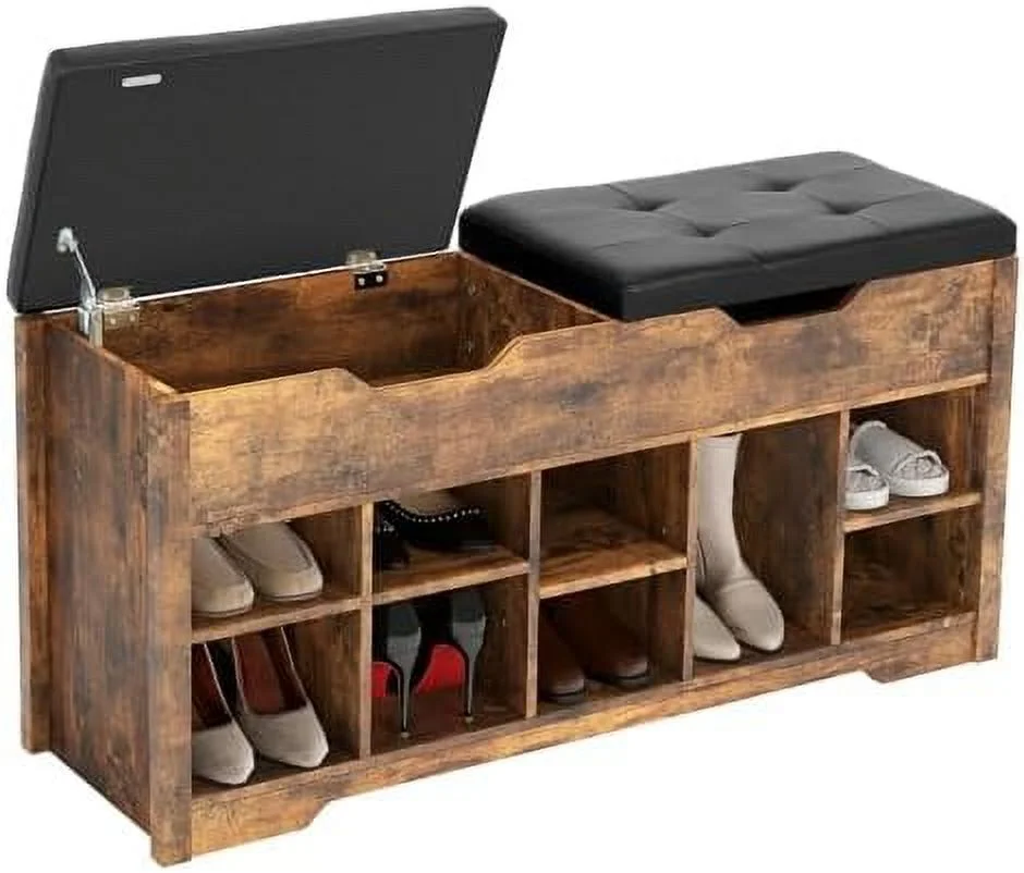 HYHBIBOOM Shoe  Bench for Entryway  Cubby  Organizer Bench with Cushion Seat  Shoe Rack with 8 Adjustable Shelves Wide Cubbies and 2 Lift Top  Boxes  Accent Brown