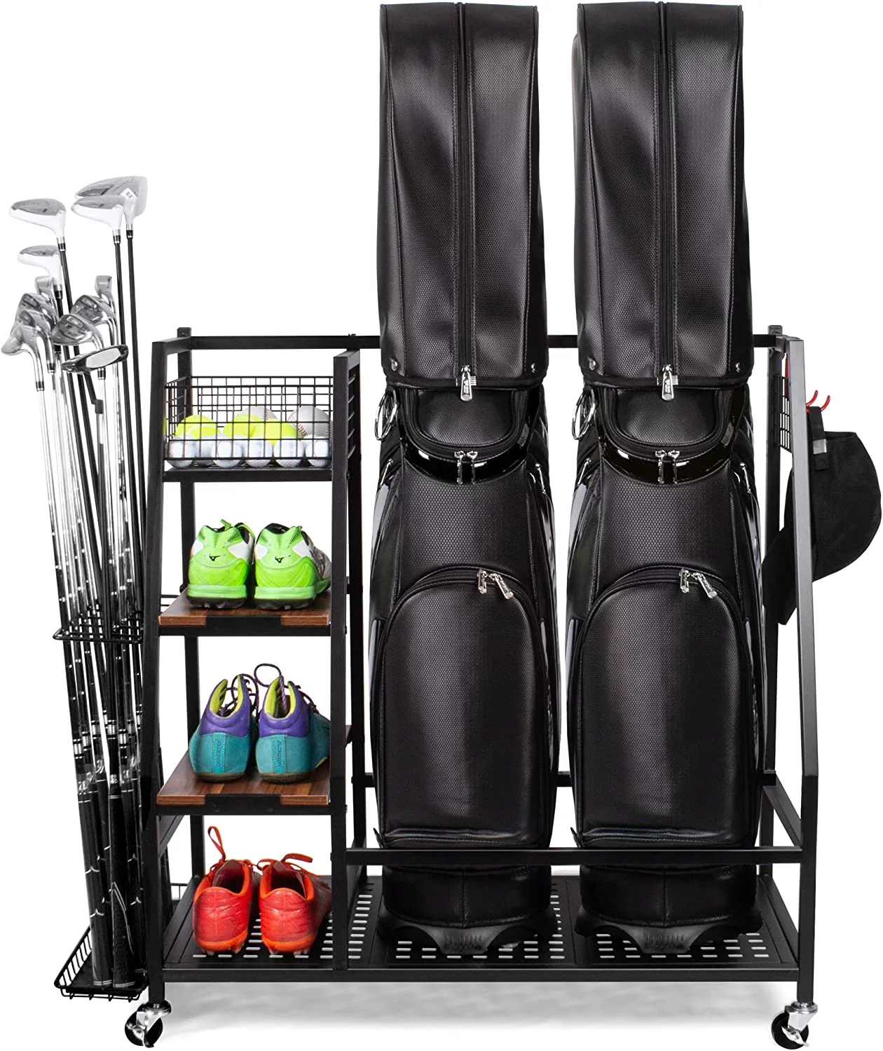 Sttoraboks Golf Bags Storage Garage Organizer, Golf Bag Rack Fits 2 Golf Bags and Golf Equipment Accessories, Golf Club Storage Stand with Wooden Shelf and Lockable Wheels for Garage Indoor Basement