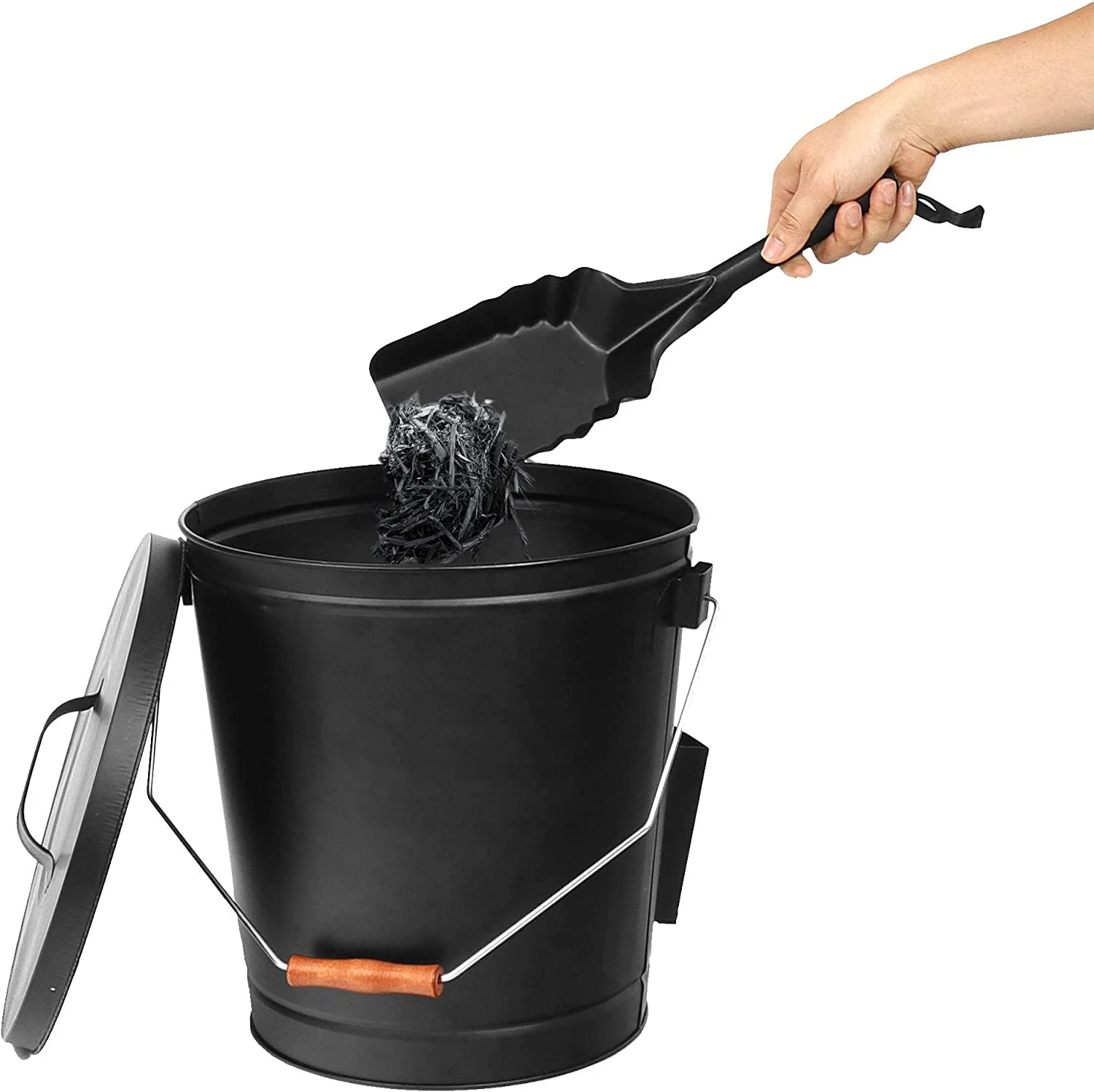 JupiterForce Ash Bucket with Lid and Shovel, 5.15 Gallon Large Galvanized Metal Hot Coal Wood Ash Carrier Pail for Fireplace, Fire Pits, Wood Burning Stoves, Grill, Outdoor Camping, Black