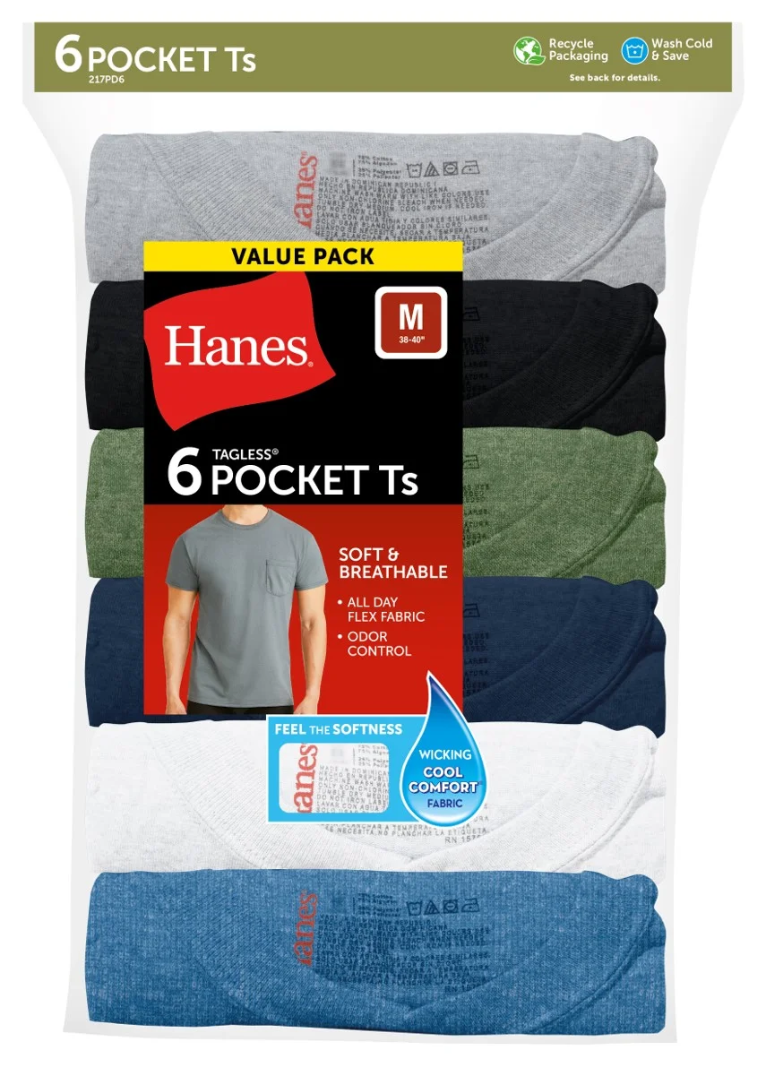 Hanes Men's Value Pack Assorted Pocket T-Shirt Undershirts, 6 Pack