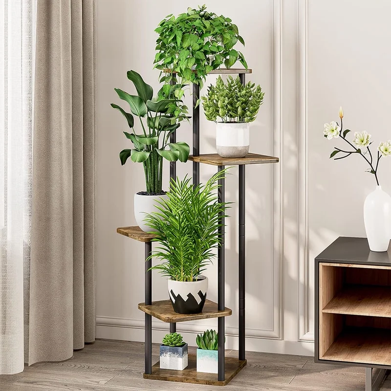 Plant Stand 5 Tier Indoor Metal Flower Shelf for Multiple Plants Corner Tall Flower Holders for Patio Garden Living Room Balcony Bedroom, Black