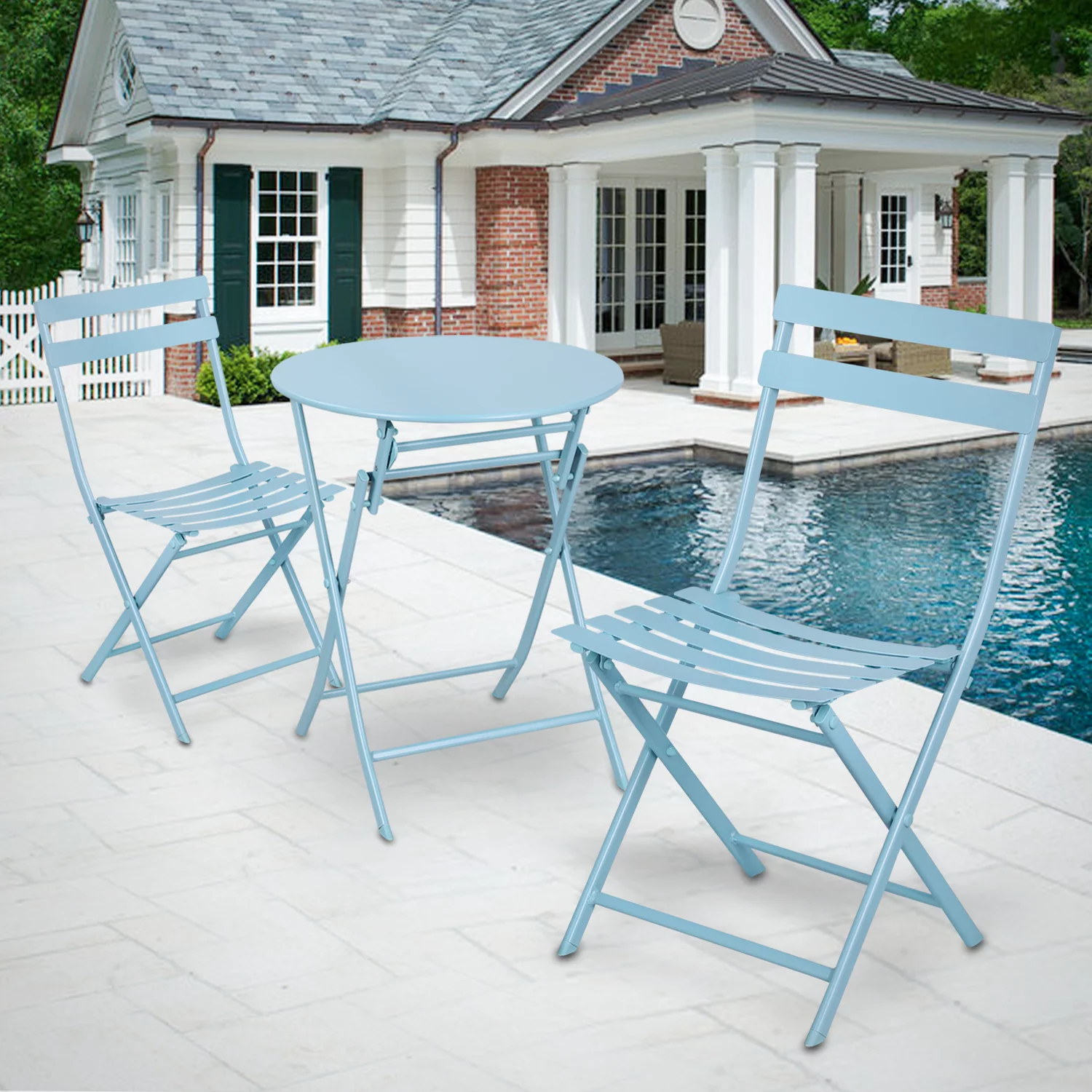 MoNiBloom 3-Piece Folding Bistro Table and Chairs Set, Outdoor Patio Dining Furniture for Yard Garden Balcony Poolside, Blue