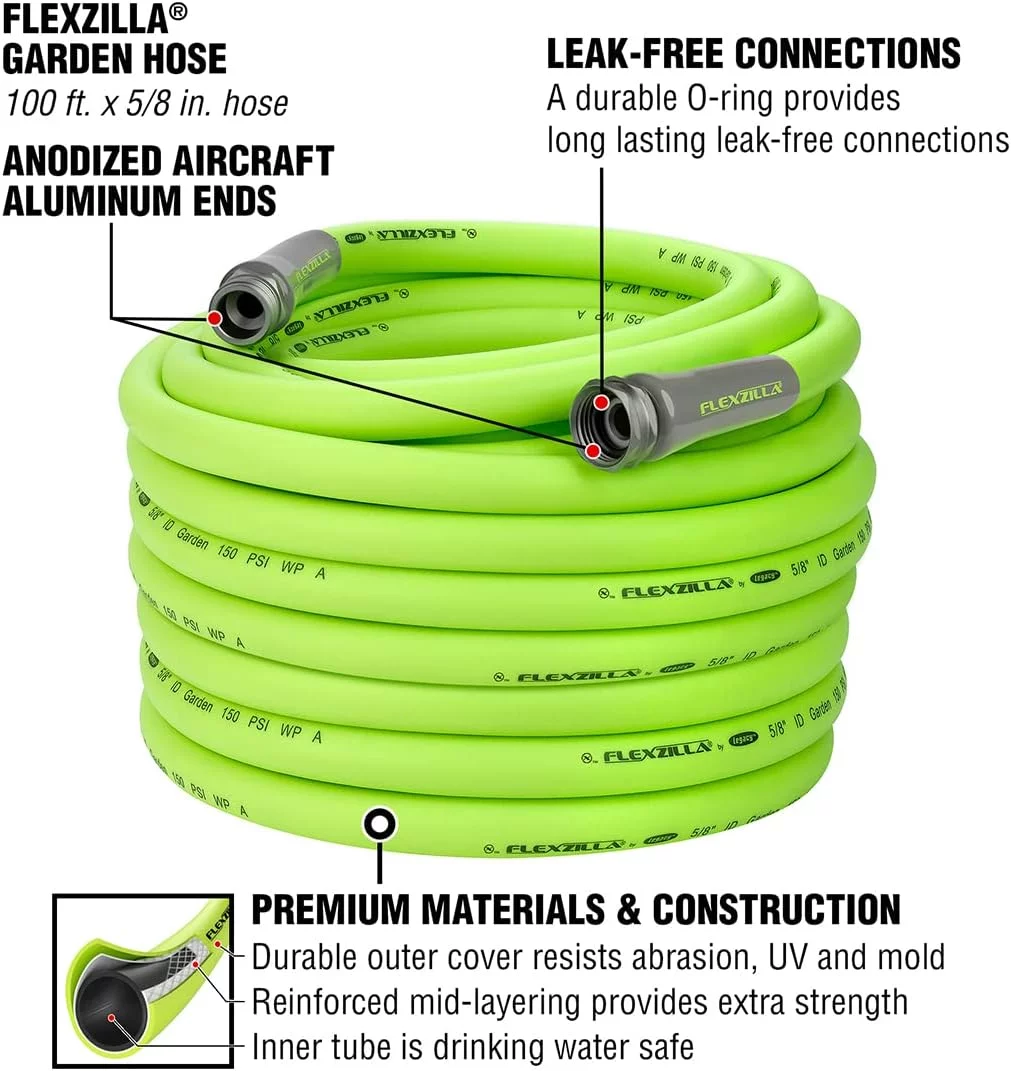 Flexzilla Garden Hose 5/8 in. x 100 ft., Heavy Duty, Lightweight, Drinking Water Safe, Zilla - HFZG5100YW-E, Green