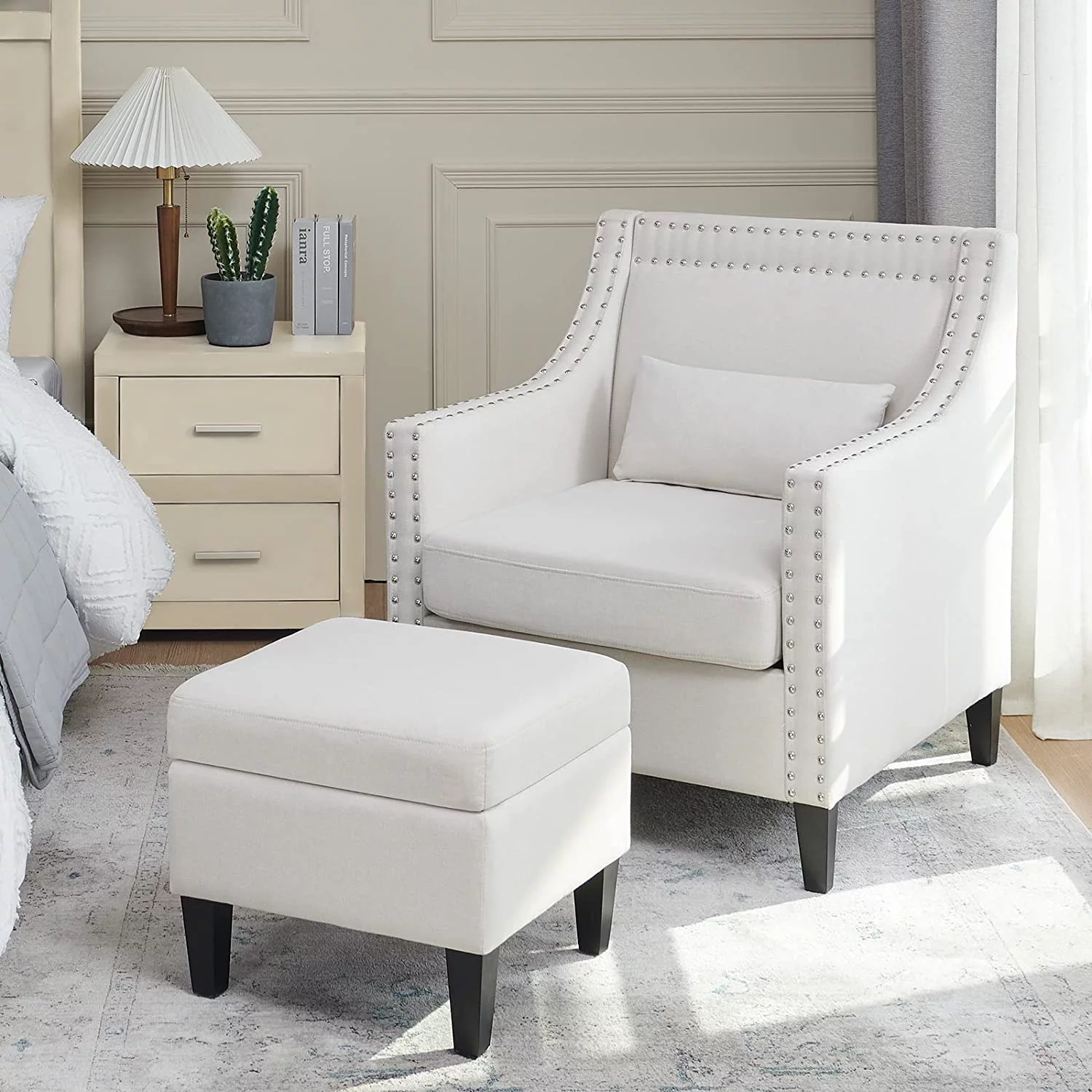 Kinmars Accent Chair with Ottoman Lumbar Pillow Set, Comfy Reading Armchair, Living Room, Home Office, Bedroom(Beige)