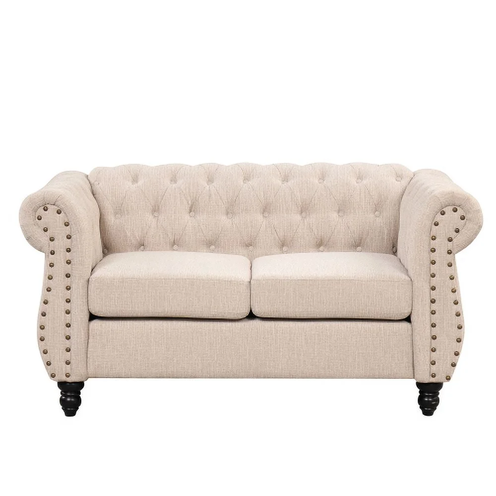 JHOOTUUO 39” modern sofa Dutch plush upholstered sofa  solid wood legs  buttoned tufted backrest  beige