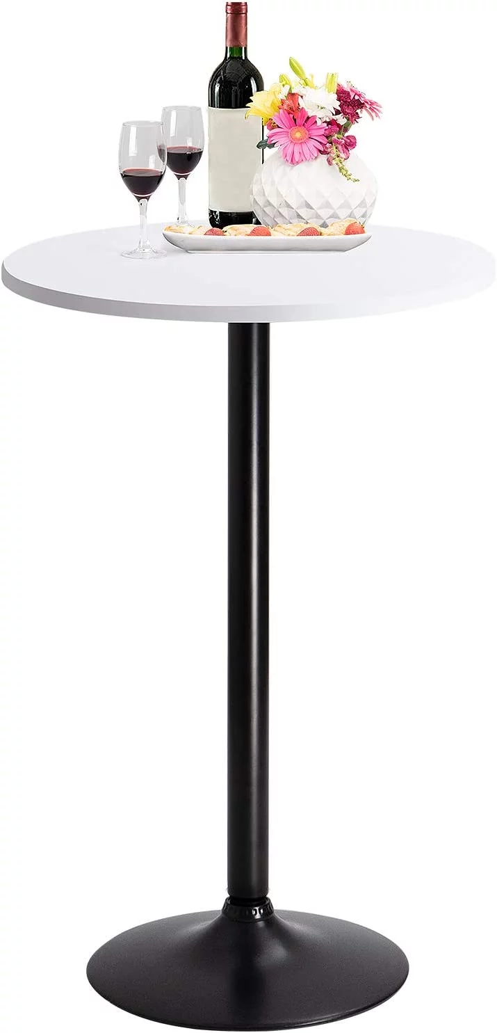 Bistro Pub Table Round Bar Height Cocktail Table Metal Base MDF Top Obsidian Table with Black Leg 23.8-Inch Top, 39.5-Inch Height (White)