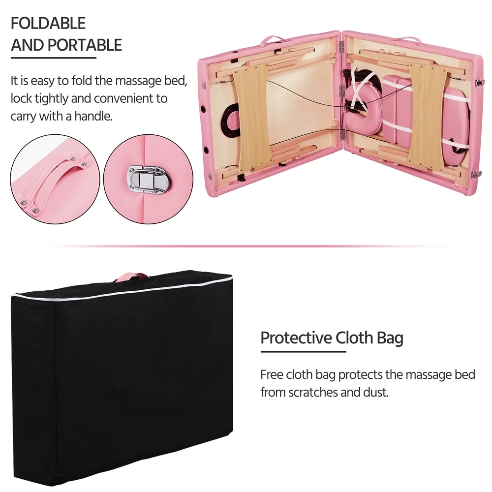 Easyfashion 2 Sectional Adjustable Folding Massage Table, Maximum Weight Capacity 220 lb,Pink