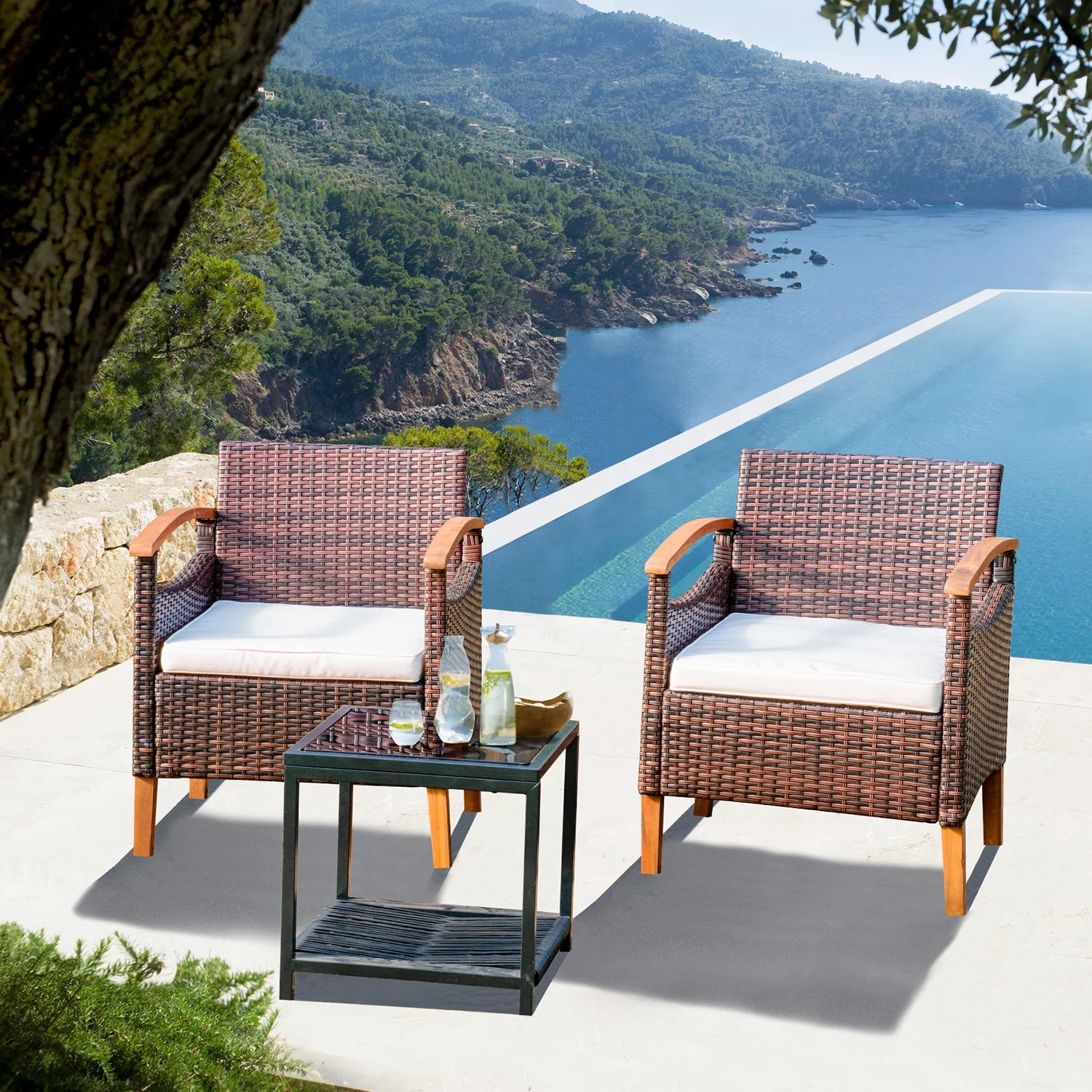 Homy Grigio 3 Pcs Outdoor Patio Furniture Sets, Outdoor Patio Rattan Chair with Side Coffee Table, Conversation Set Outdoor for Yard Garden Backyard Lawn(Browm)