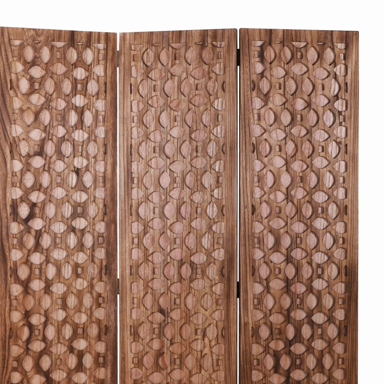 3 Panel Transitional Wooden Screen with Leaf Like Carvings, Brown- Saltoro Sherpi