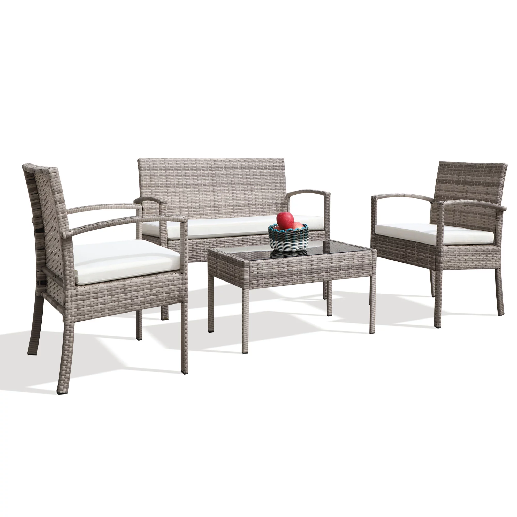 Seizeen Patio Furniture Set for 4, New Rattan Outdoor Patio Conversation Set, Beige Cushioned Sectional Sofa Set W/Table, Deck Porch Furniture Gray