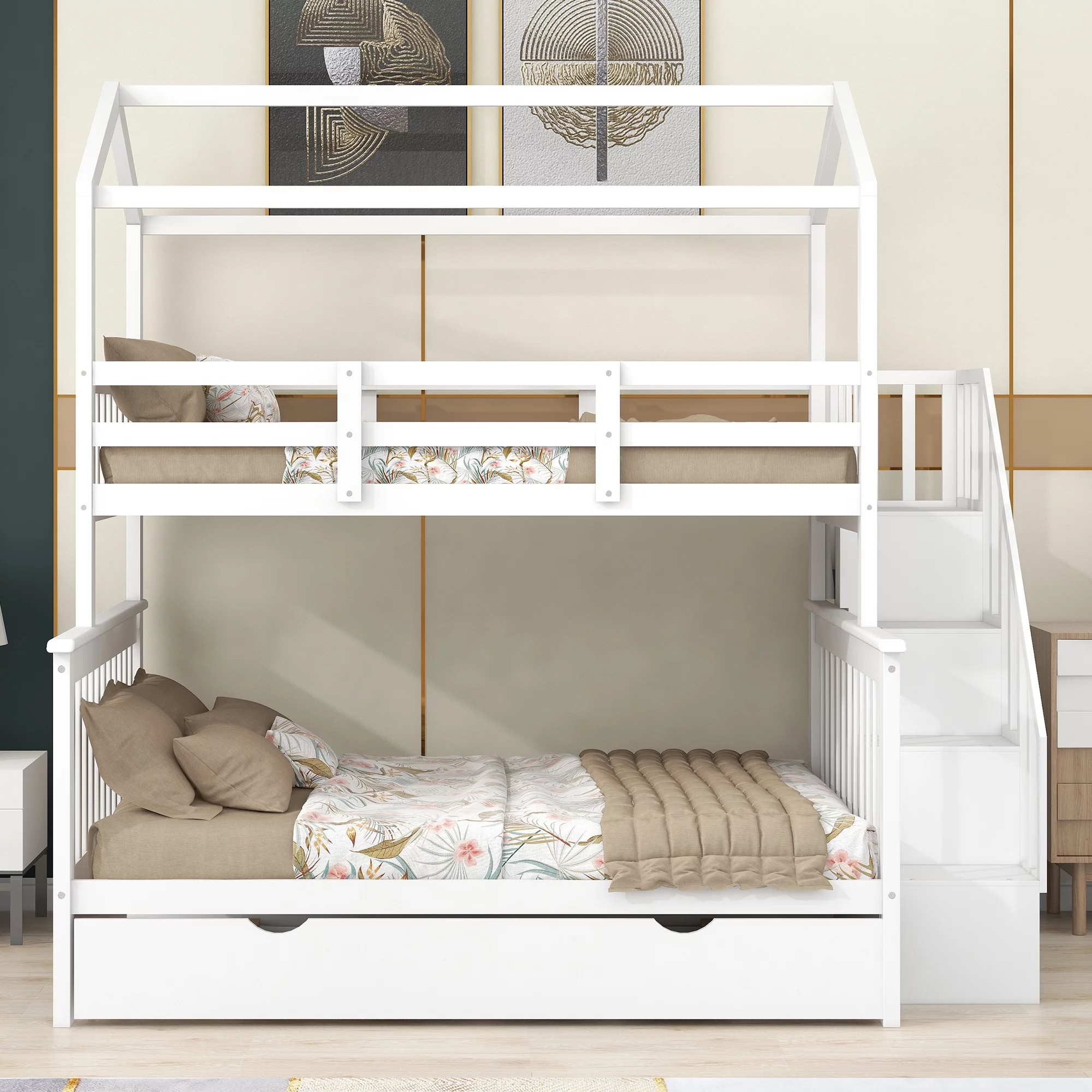 EUROCO Twin over Full House Bunk Bed with Trundle and Staircase, White