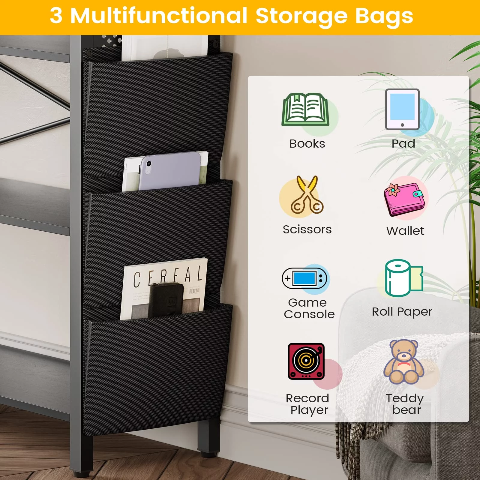 5-Tier Bookcase, Storage Shelves Organizer with LED Light, 2 Pegboards, Storage Bag & 4 Hooks for Bedroom, Black Finish