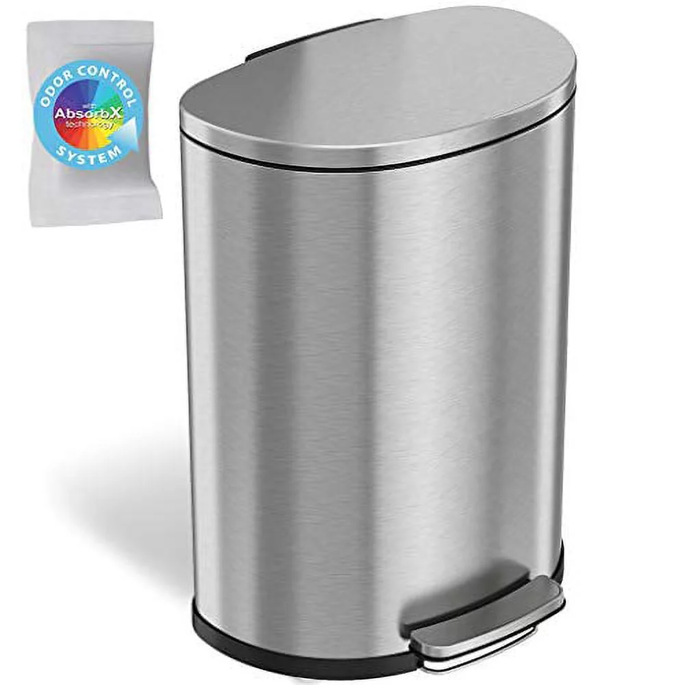 iTouchless SoftStep 13.2 Gallon Step Trash Can with Odor Control System Stainless Steel, Semi-Round, 50 Liter Garbage Bin for Kitchen, Office, Home-Silent and Gentle Open/Close, Space Saving Brushed Stainless Steel Semi-round, Step 13 Gal