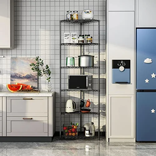 6 Tier NSF Metal Shelf Pentagonal Corner Wire Shelving Unit, 600lbs Capacity Heavy Duty Adjustable Storage Rack with Shelf Liners for Kitchen Garage Office Etc Room Corner, 72