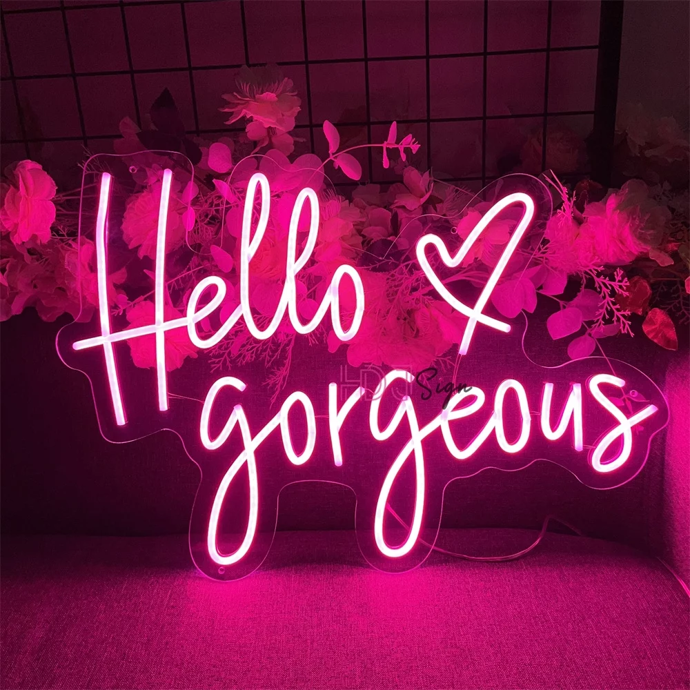 Hello Gorgeous Neon Sign, Pink LED Neon Light Letters Heart Decorative Wall Lights for Girls Room Wedding Anniversary Engagement Birthday Party (23.62x16.92inch)
