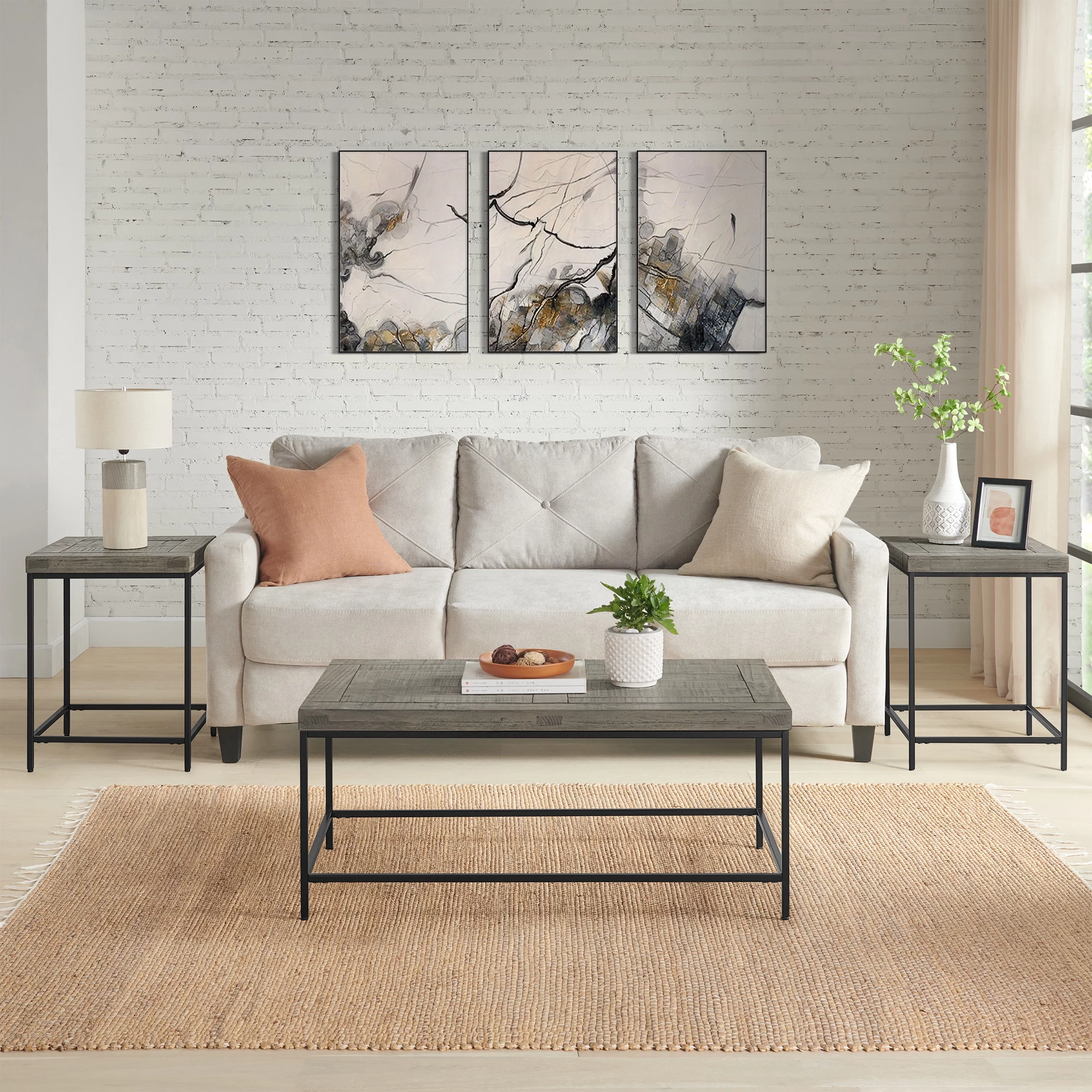 Lavish Home 3-Piece Coffee Table Set with 2 Matching Side Tables (Gray)