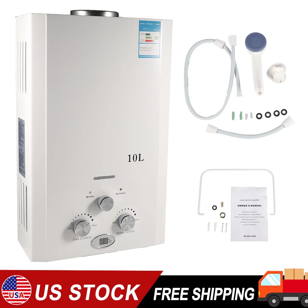 KingFurt 10L Natural Gas Water Heater White Coating Front Panel & Gray Bottom 20KW Rated Power With Temperature Display