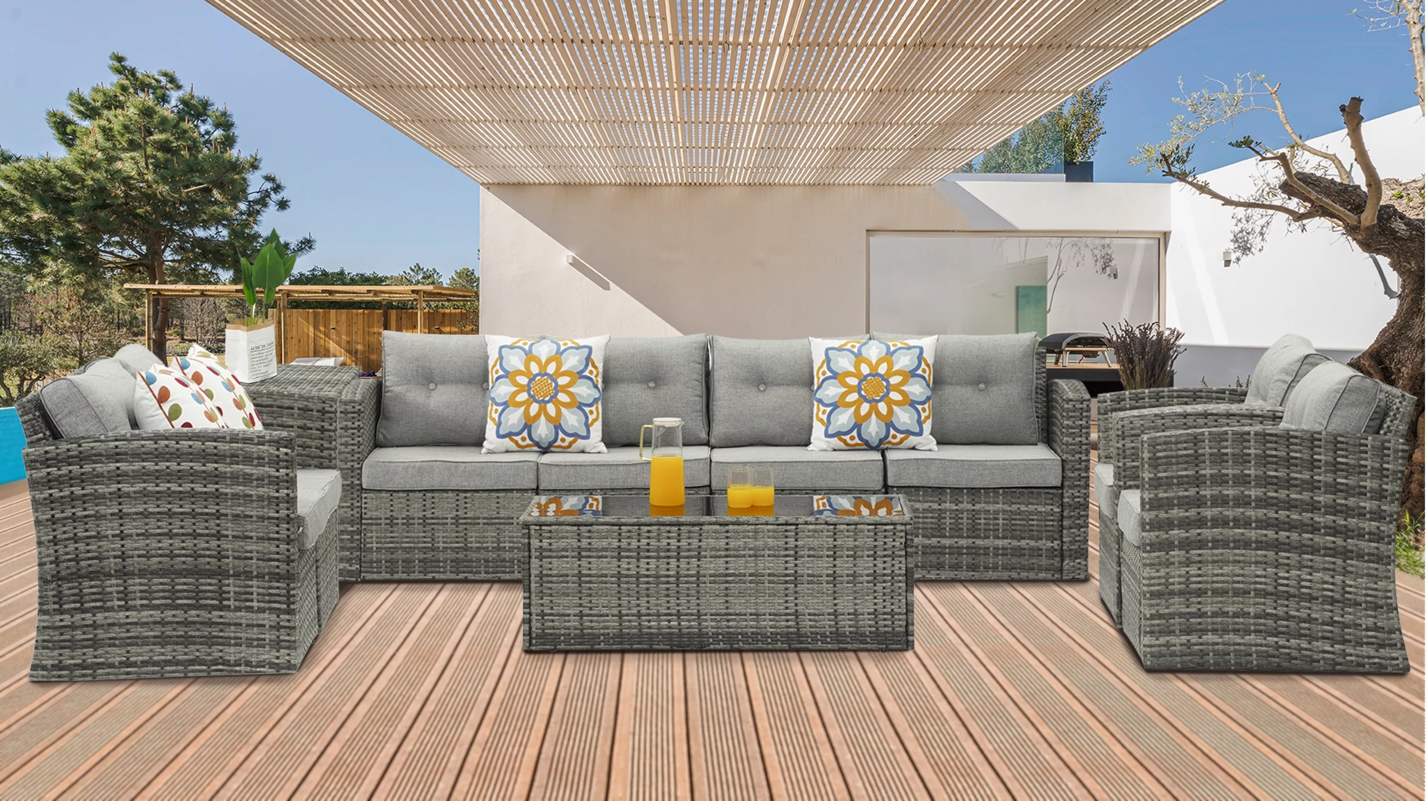 Royalcraft Outdoor Patio Furniture Set,10 Pieces Outdoor Sectional Wicker Sofa PE Rattan Conversation Sets with Non-slip Cushions,Aluminum Frame,Grey