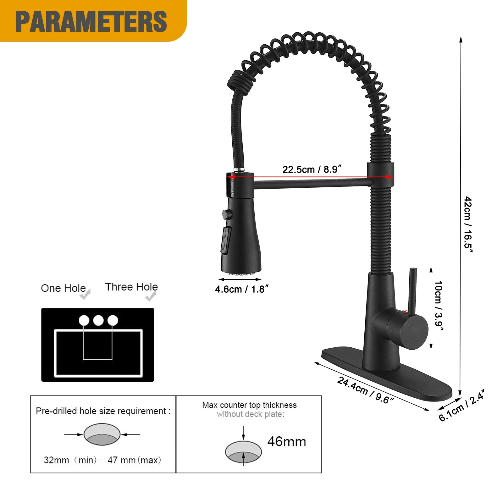 BESy Kitchen Faucet with Pull Down Sprayer, High-Arc Single Handle Single Lever Spring Rv Kitchen Sink Faucet with Pull Out Sprayer, 3 Function Laundry Faucet with Cover Plate, Matte Black