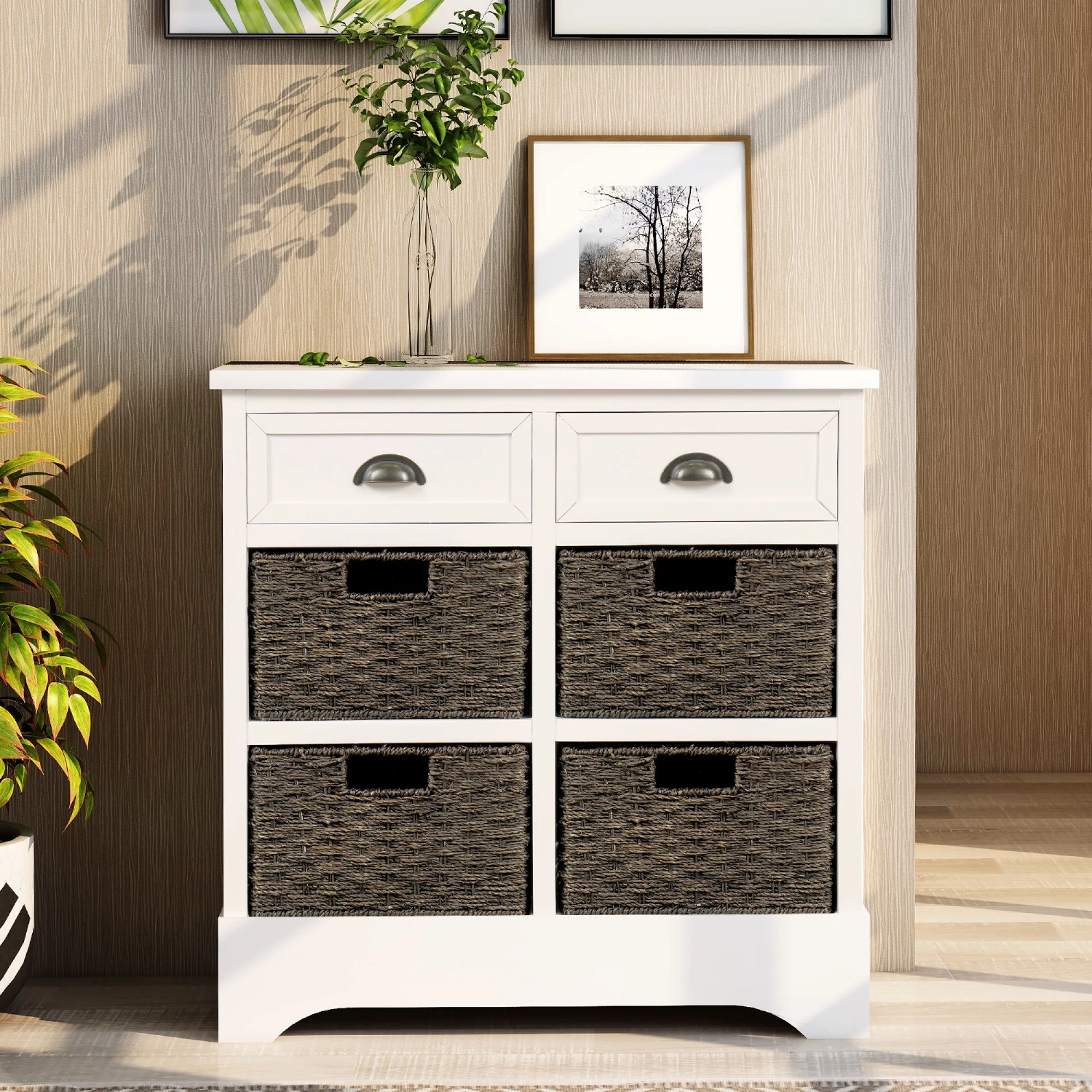 Dawn Whisper Rustic Storage Cabinet with Two Drawers and Four Classic Fabric Basket, White