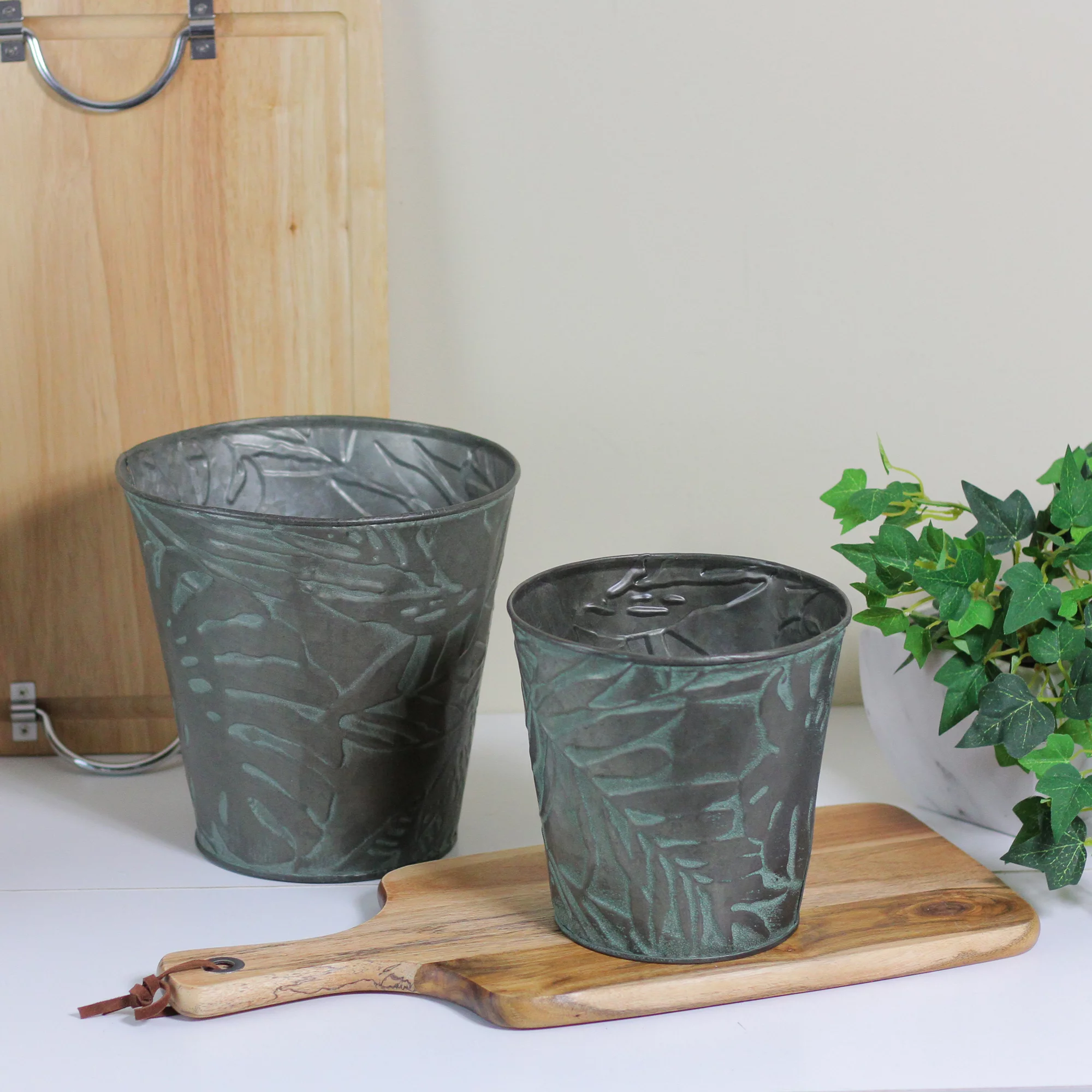 Allstate Set of 2 Patina Leaf Motif Planter Buckets 11