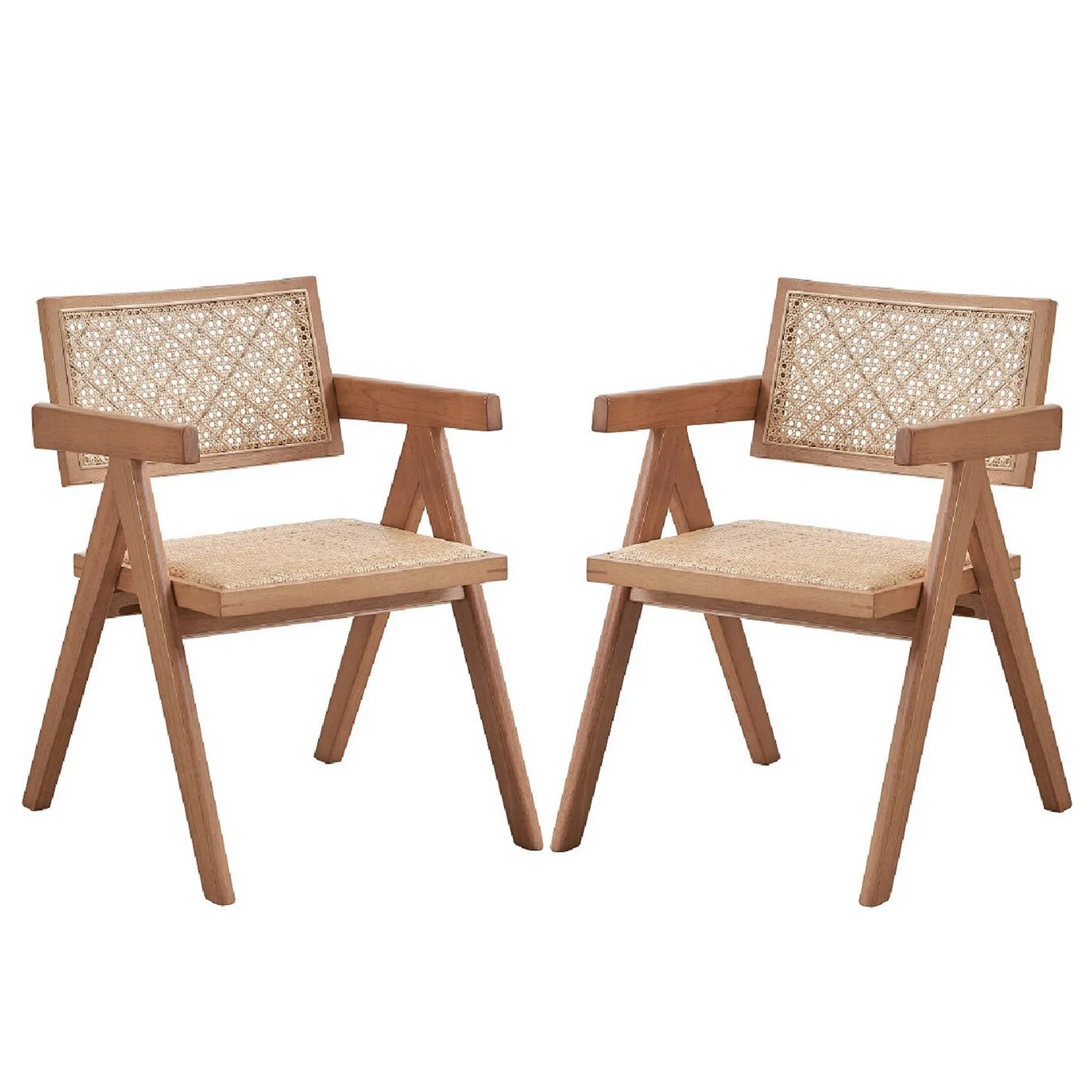 Benjara Tina 22 Inch Dining Armchair Set of 2, Woven Rattan, Natural Brown Wood
