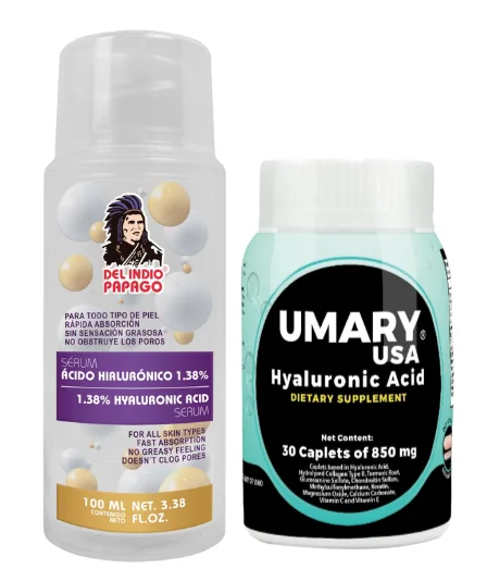 Umary Hyaluronic Acid 30 Caplets 850 mg + Del Indio Papago Hyaluronic Acid facial serum (100ml)