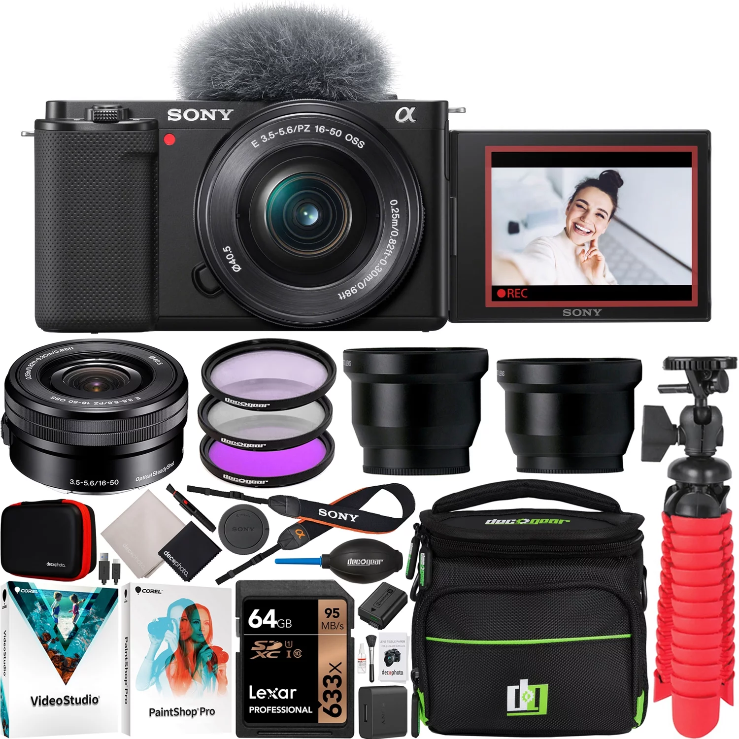 Sony ZV-E10 Mirrorless Alpha APS-C Vlog Camera Body and 16-50mm F3.5-5.6 Zoom Lens Ilczv-E10L/B Black Bundle with Deco Gear Case + Filter Set + Wide Angle & Telephoto Lenses + Accessories Kit