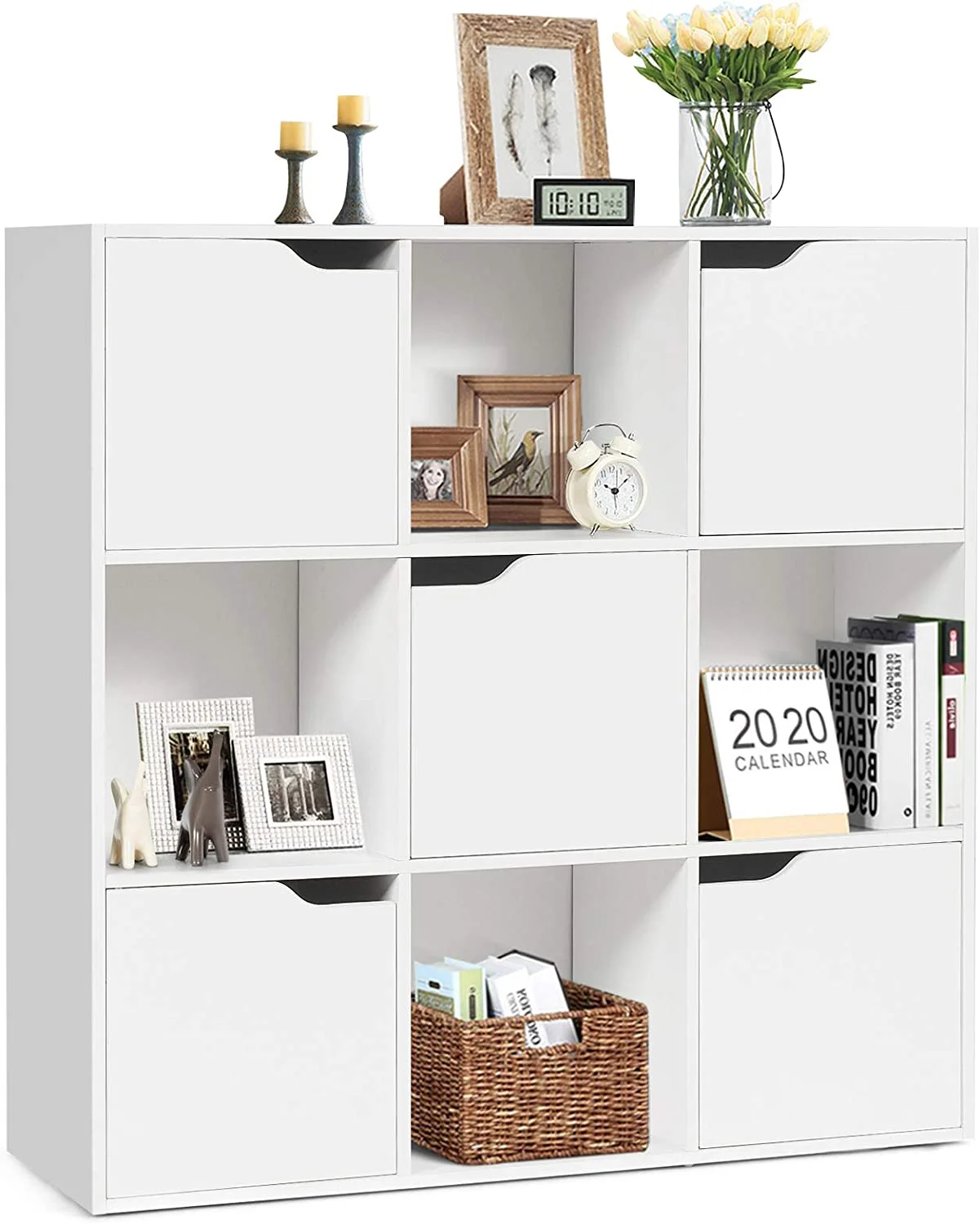 CHUIJN 9-Cube  Organizer Cabinet w/Doors  Compartment Display Unit w/ 4 Open Cubes & 5 Cabinets for Home Office  3-Tier Bookshelf for Books  Toys & Decorations  9 Cubes