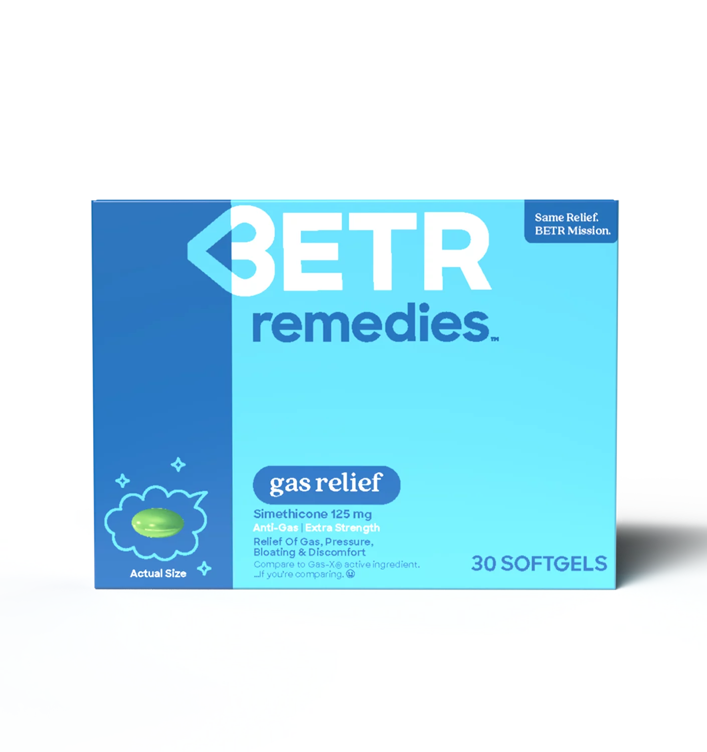 BETR Remedies Gas, Pain, Bloating Relief Medicine, Simethicone 125 mg, 30 Softgels