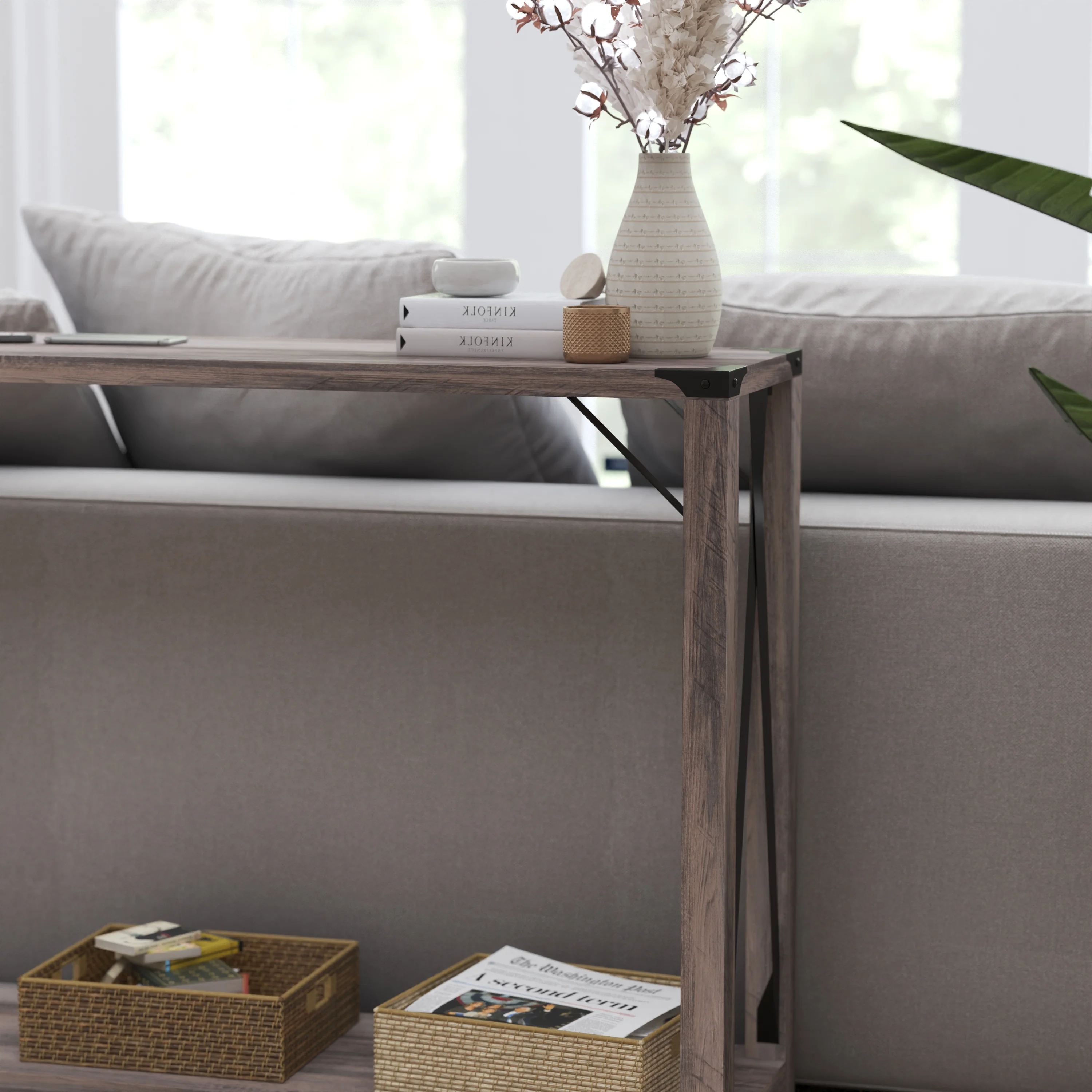 Merrick Lane Modern Farmhouse Engineered Wood Entryway Table and Powder Coated Steel Accents in Gray Wash