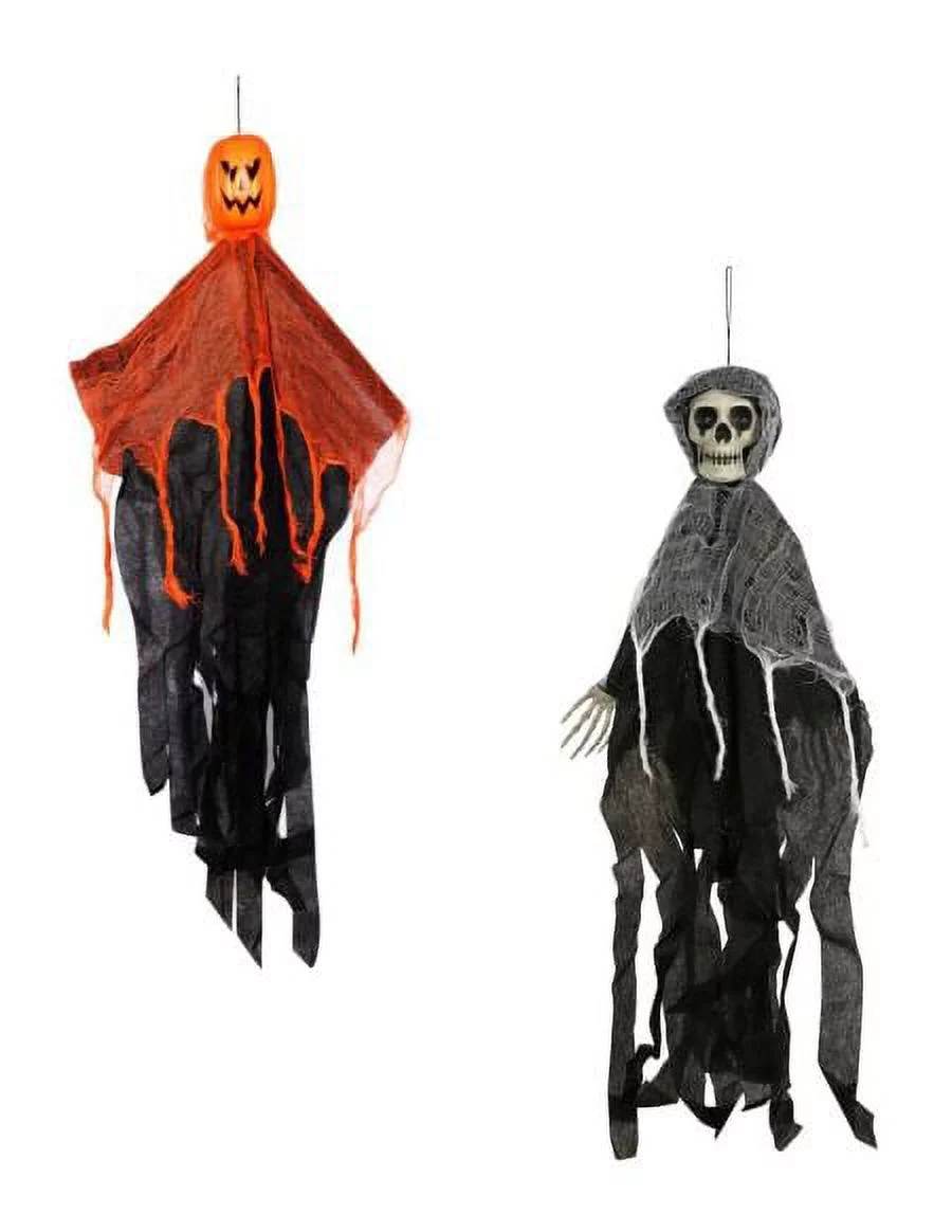 CGT Halloween Hanging Jack-O-Lantern & Skeleton Faced Ghouls Holiday Haunted House Grim Reapers Classroom Office Porch Patio Home Prop Decor 36 x 22 x 4 in. (Set of 2)