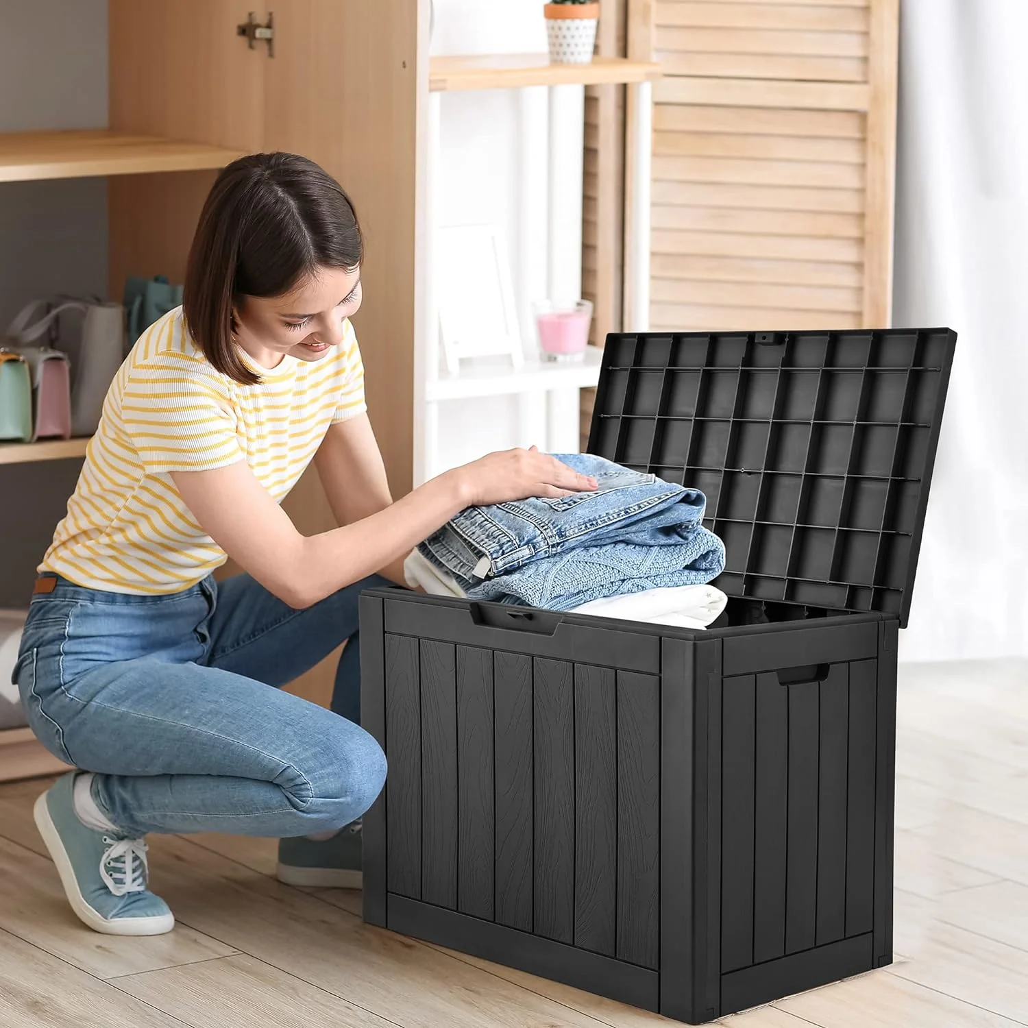 30 Gallon Deck Box Outdoor Storage Box, Waterproof Resin Package Delivery and Storage Box with Lockable Lid for Patio Furniture Cushions, Pool Accessories, Garden Tools, Black