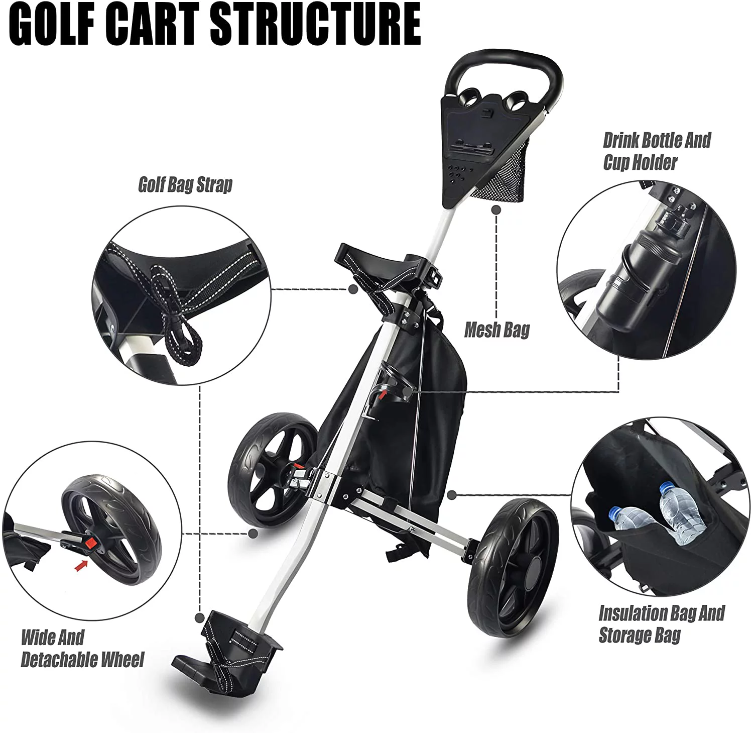 BOBOPRO Foldable Golf Push Cart with 2 Wheels Aluminum Strcture, Lightweight Suitable Golf Pull Cart for Teenagers&Adults Golf Club, Golf Course, Sports